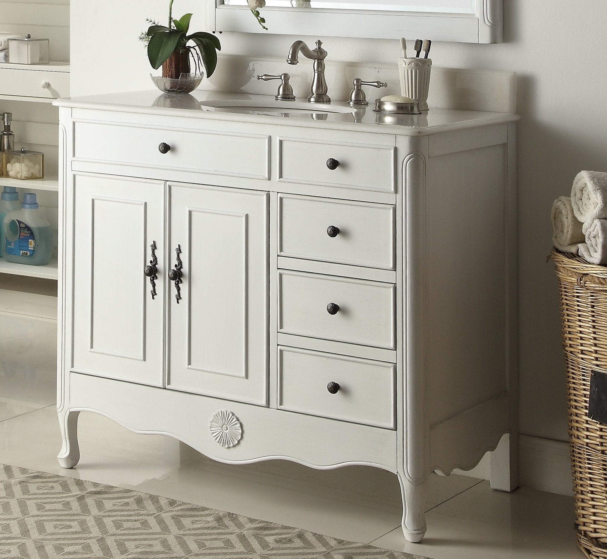 Chans Furniture HF-837AW 38 Inch Distressed Antique White Cottage Style Daleville Bathroom Sink Vanity