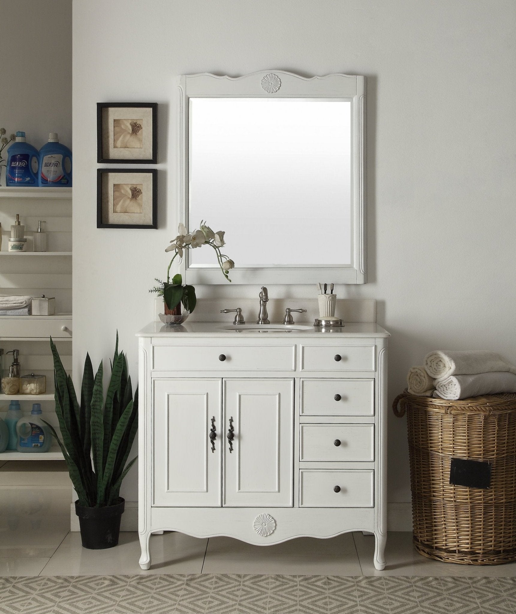 Chans Furniture HF-837AW 38 Inch Distressed Antique White Cottage Style Daleville Bathroom Sink Vanity