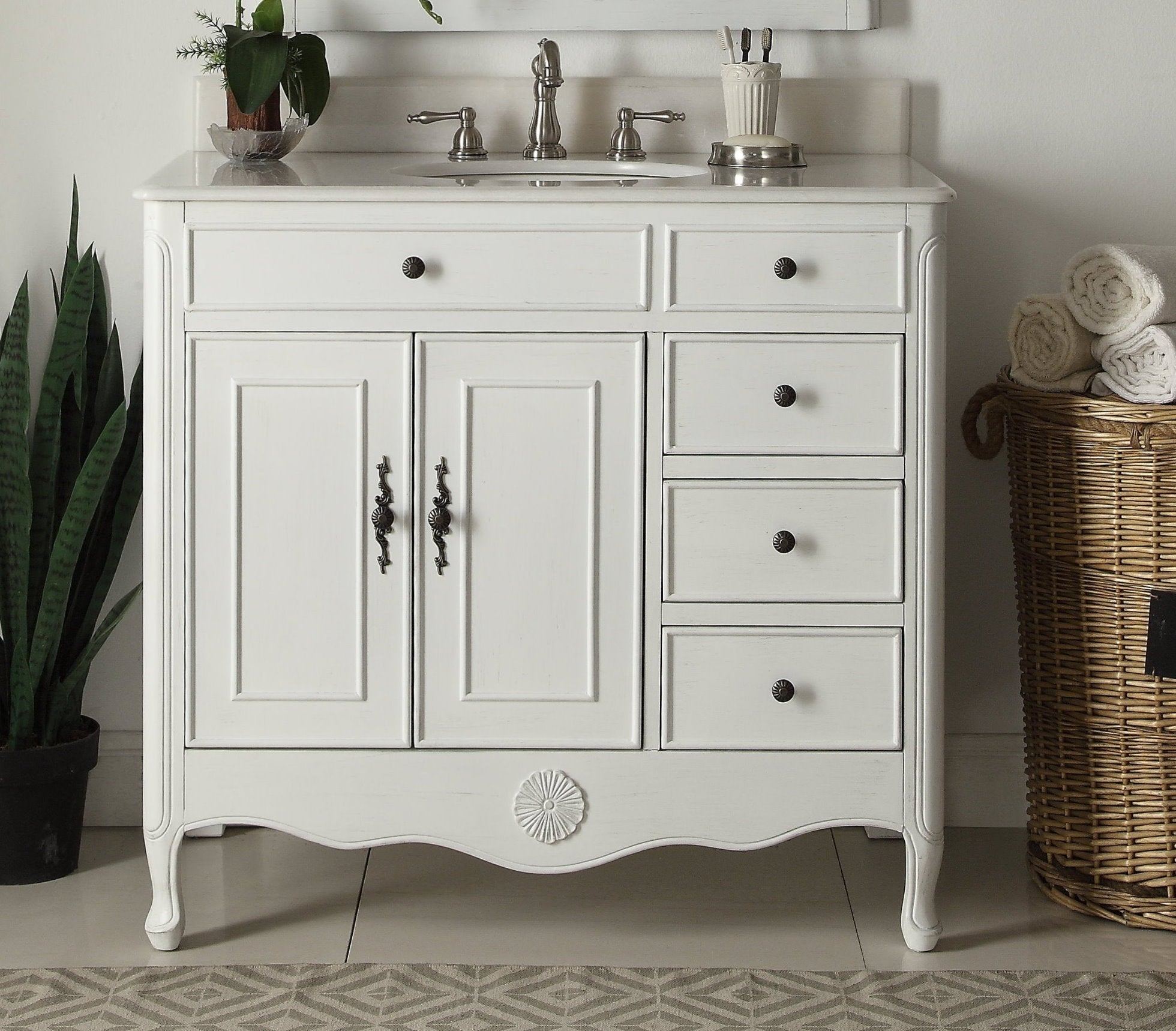 Chans Furniture HF-837AW 38 Inch Distressed Antique White Cottage Style Daleville Bathroom Sink Vanity