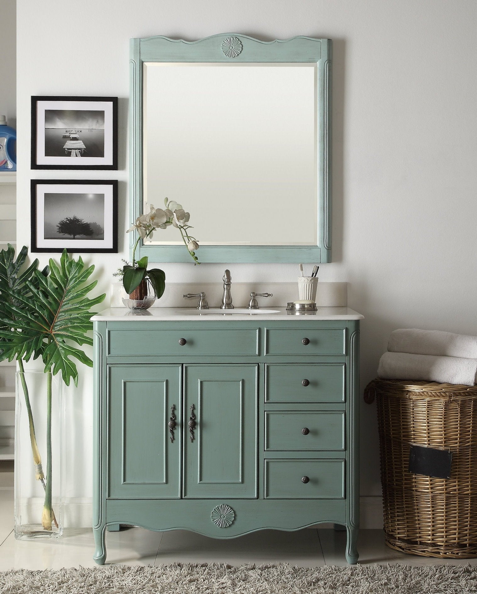 Chans Furniture HF-837Y 38 Inch Distressed Vintage Blue Cottage Style Daleville Bathroom Sink Vanity