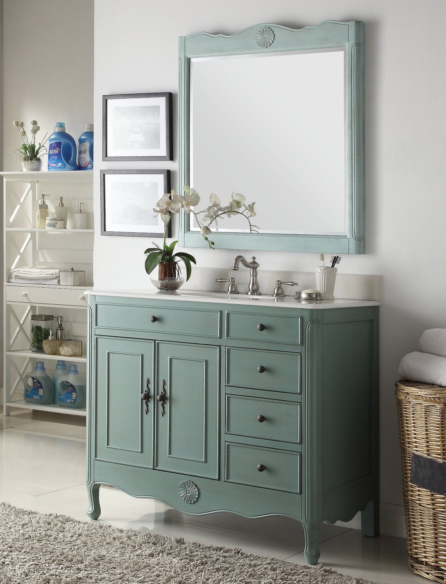 Chans Furniture HF-837Y 38 Inch Distressed Vintage Blue Cottage Style Daleville Bathroom Sink Vanity
