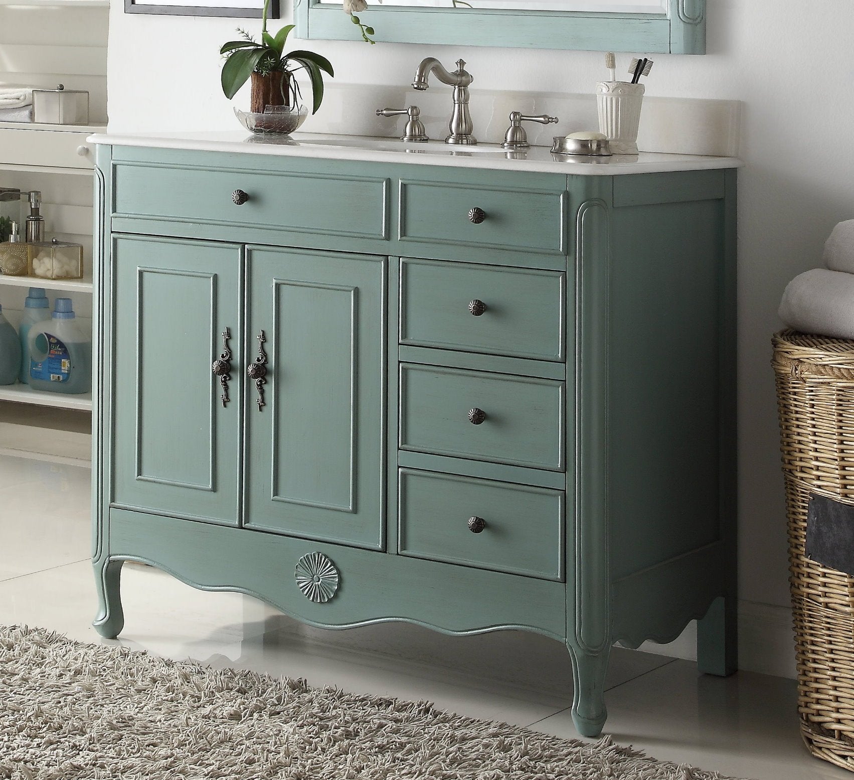 Chans Furniture HF-837Y 38 Inch Distressed Vintage Blue Cottage Style Daleville Bathroom Sink Vanity