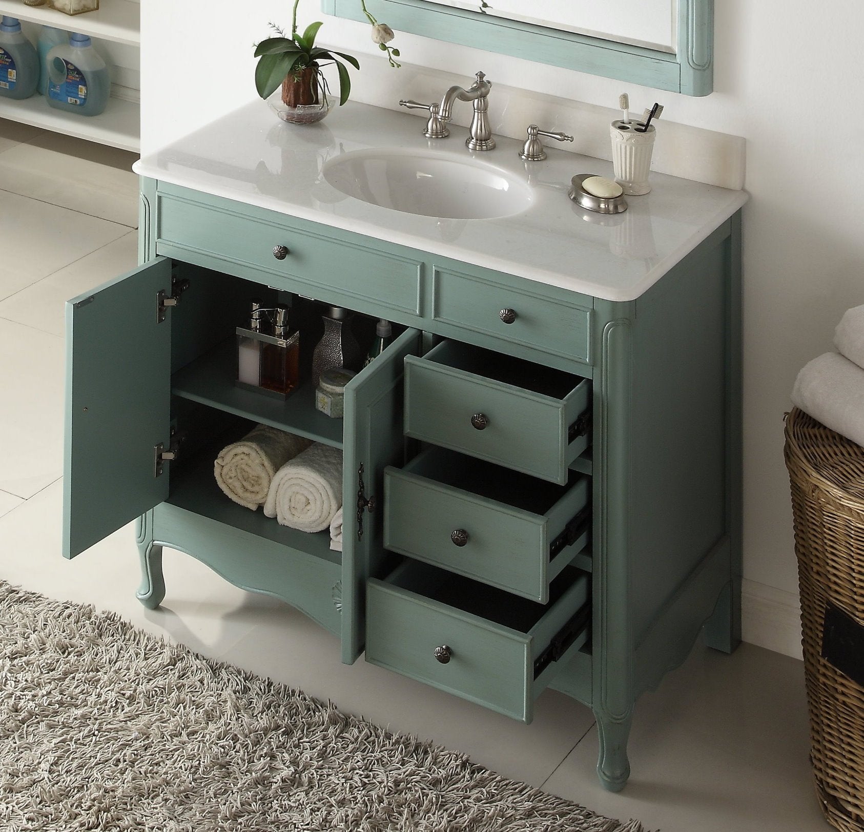 Chans Furniture HF-837Y 38 Inch Distressed Vintage Blue Cottage Style Daleville Bathroom Sink Vanity