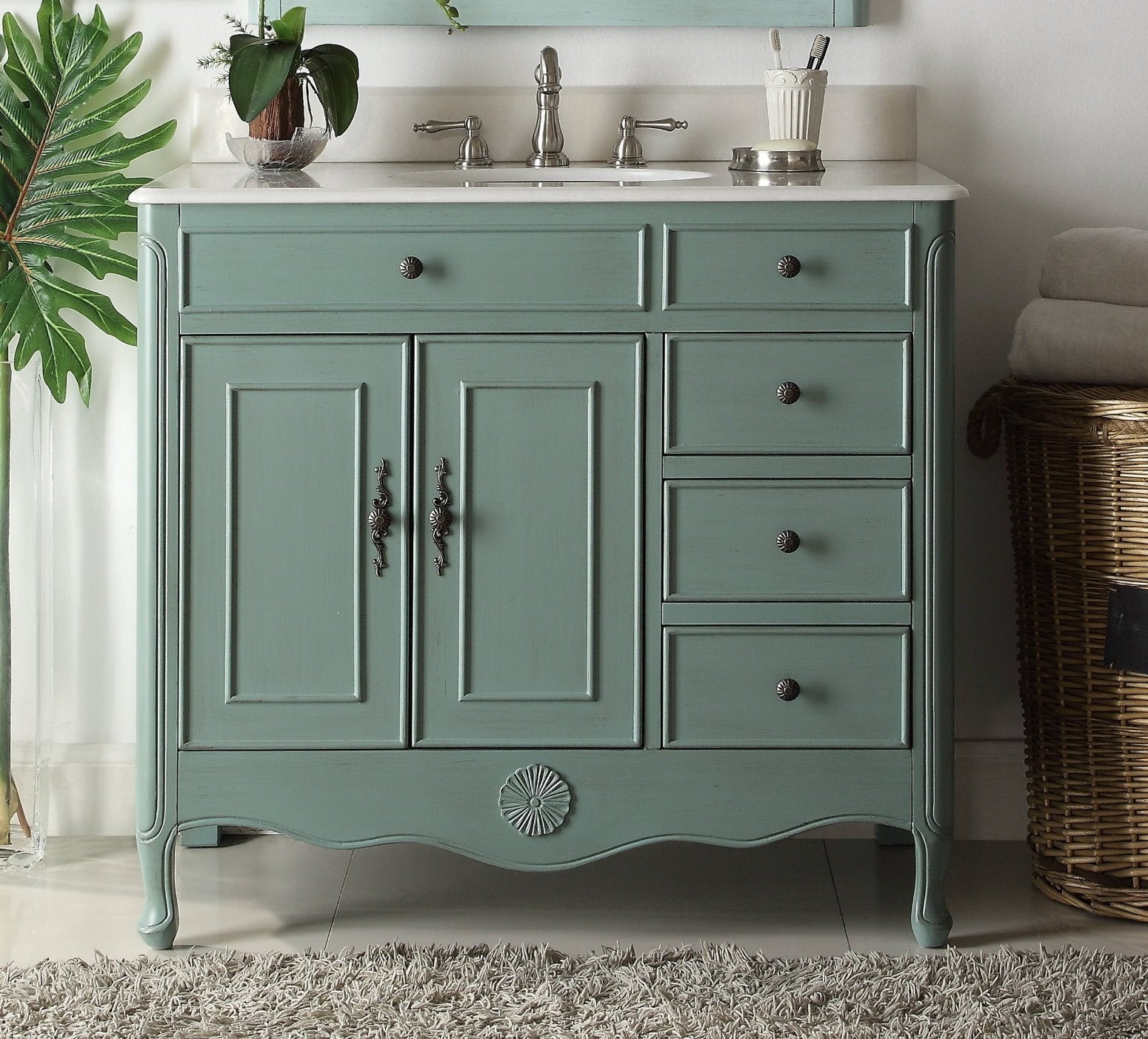 Chans Furniture HF-837Y 38 Inch Distressed Vintage Blue Cottage Style Daleville Bathroom Sink Vanity