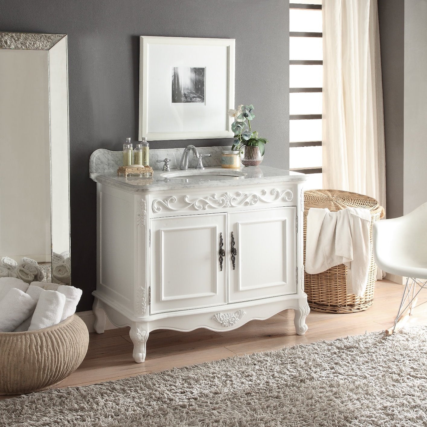 Chans Furniture HF-1092RA 39" Bathroom Vanity with Italian Carrara Marble Counter-top Benton Collection Carbone