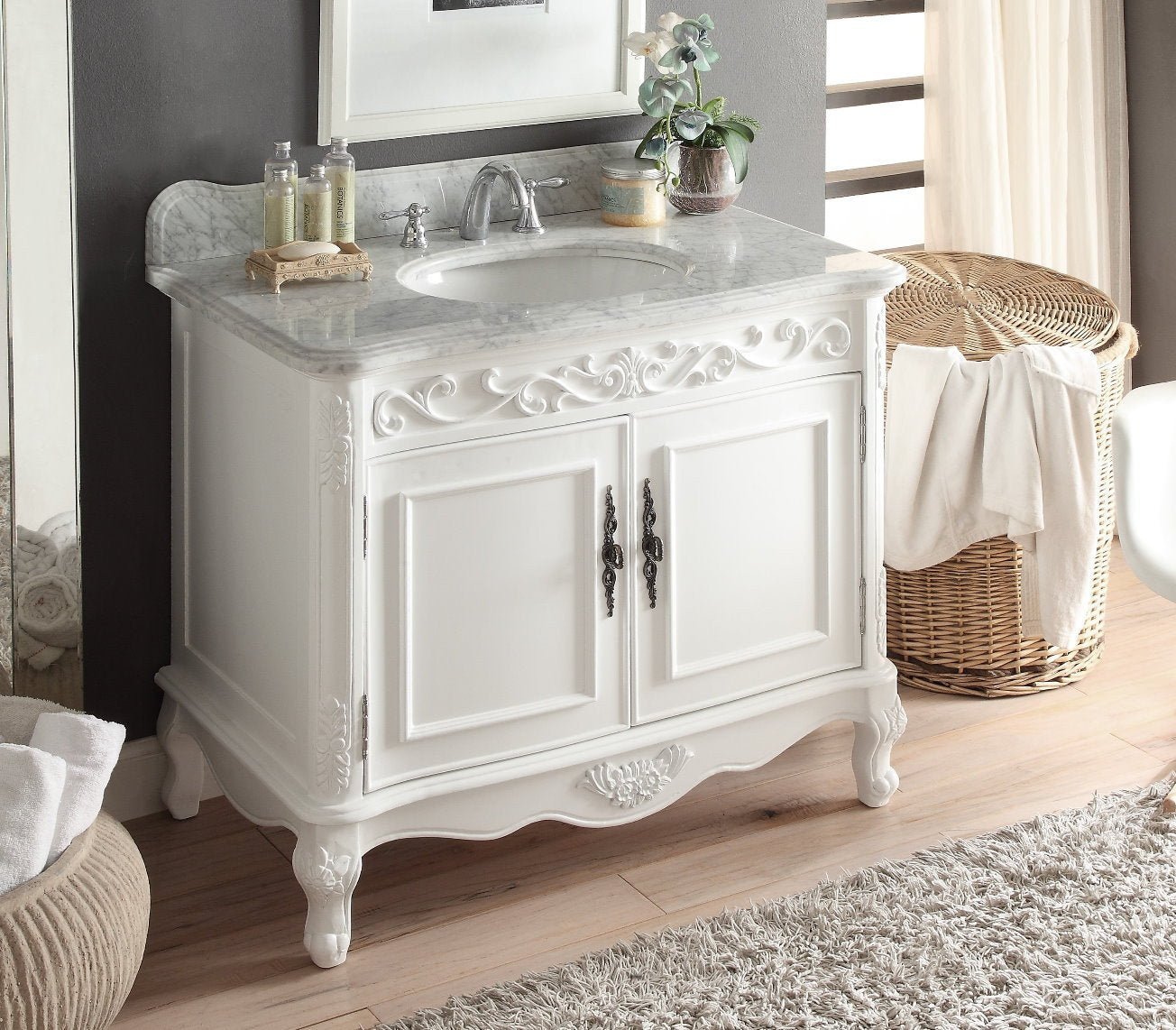 Chans Furniture HF-1092RA 39" Bathroom Vanity with Italian Carrara Marble Counter-top Benton Collection Carbone