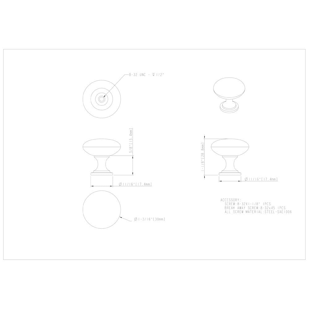 Hardware Resources 1-3/16" Diameter Satin Nickel Madison Cabinet Mushroom Knob