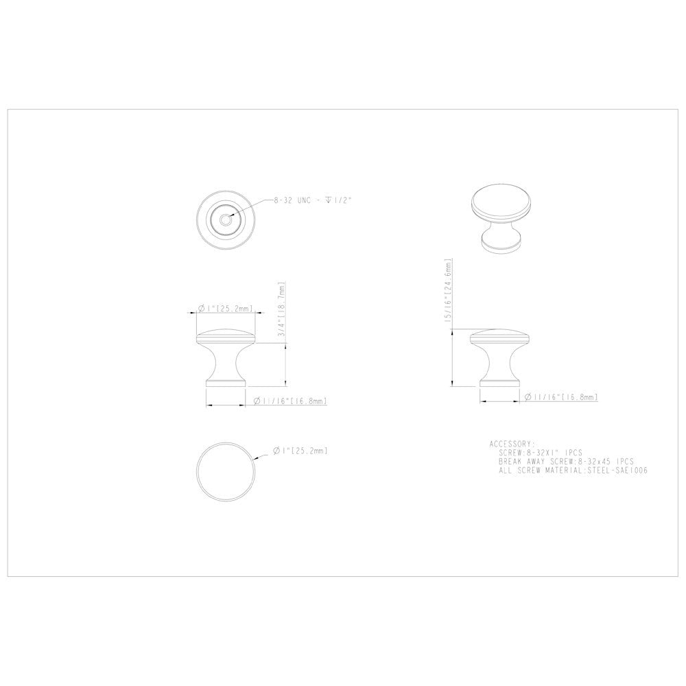 Hardware Resources 1" Diameter Satin Nickel Slade Cabinet Mushroom Knob
