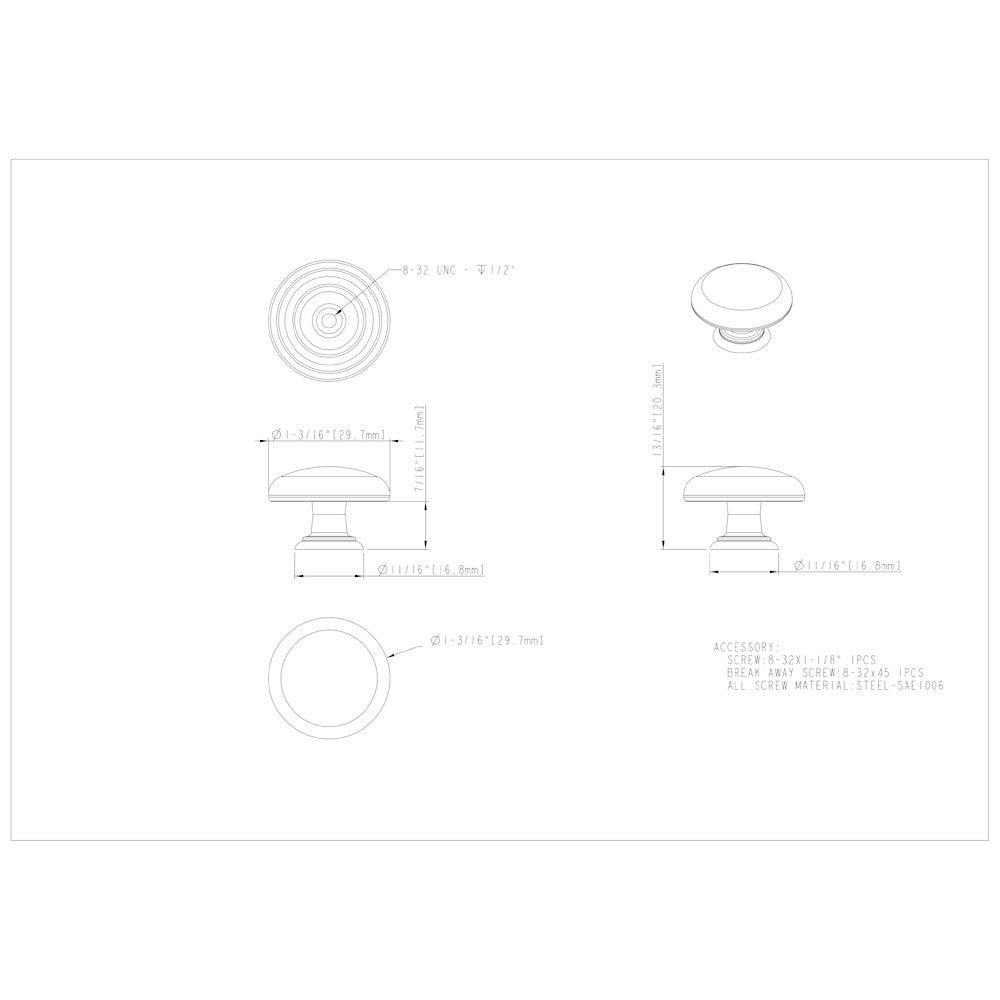 Hardware Resources 1-3/16" Diameter Satin Nickel Gatsby Cabinet Mushroom Knob