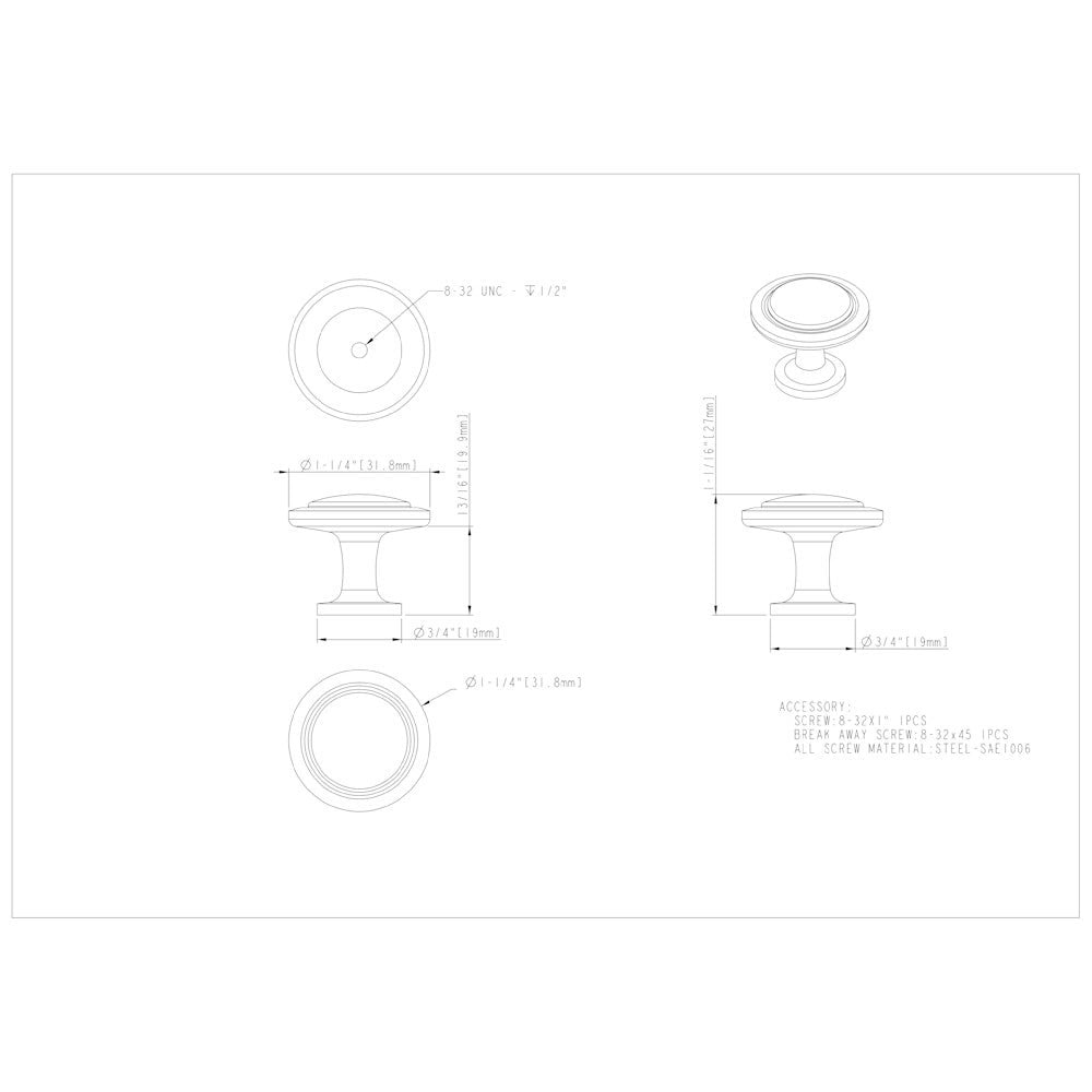 Hardware Resources 1-1/4" Diameter Satin Nickel Round Button Gatsby Cabinet Knob