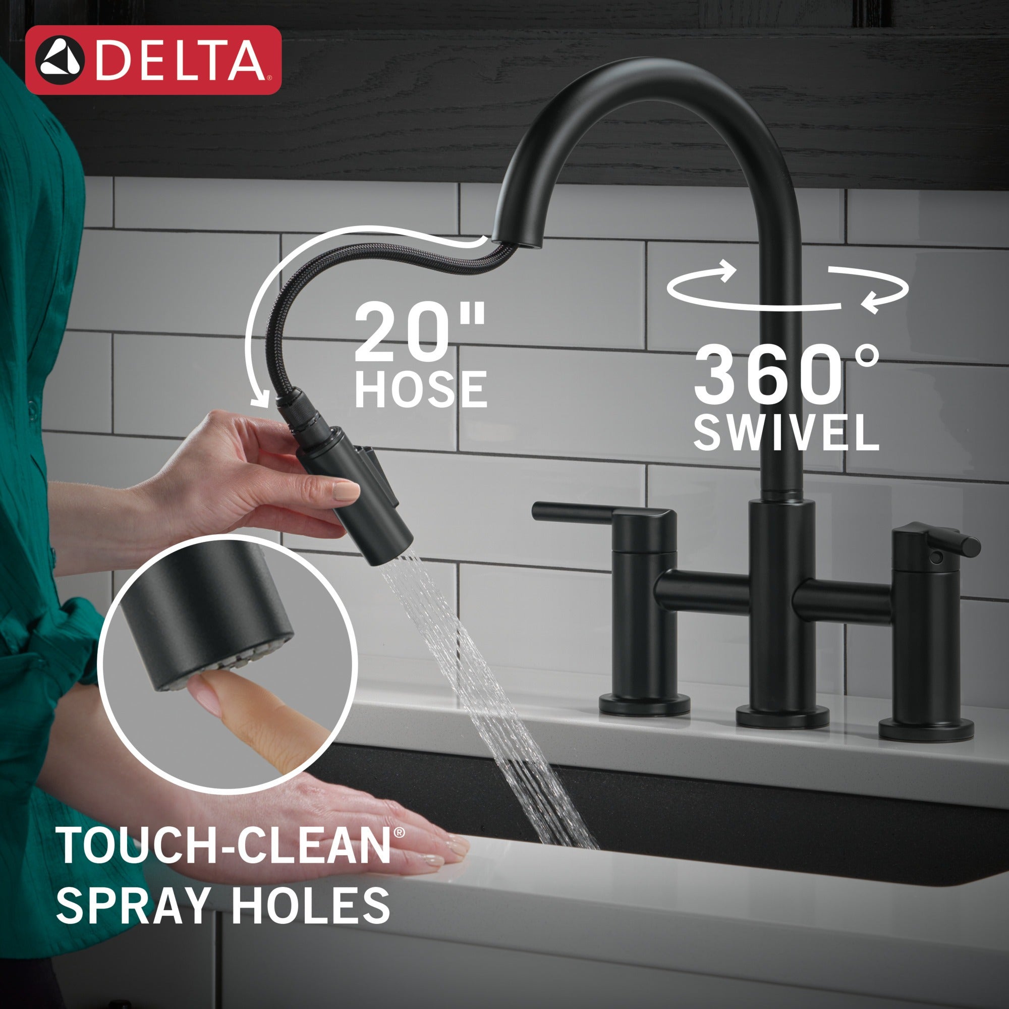 Delta Nicoli® Two Handle Pull-Down Bridge Kitchen Faucet
