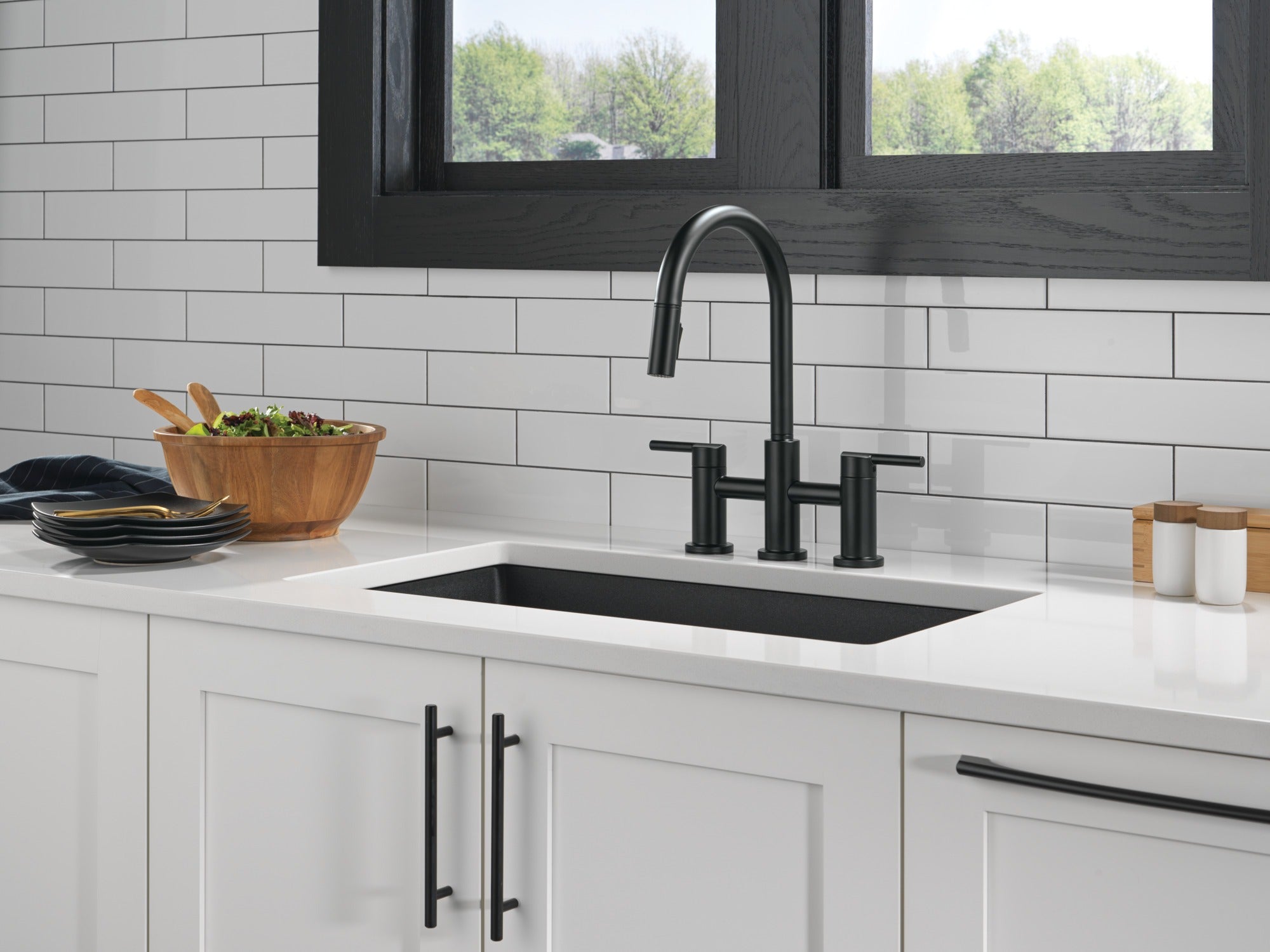 Delta Nicoli® Two Handle Pull-Down Bridge Kitchen Faucet