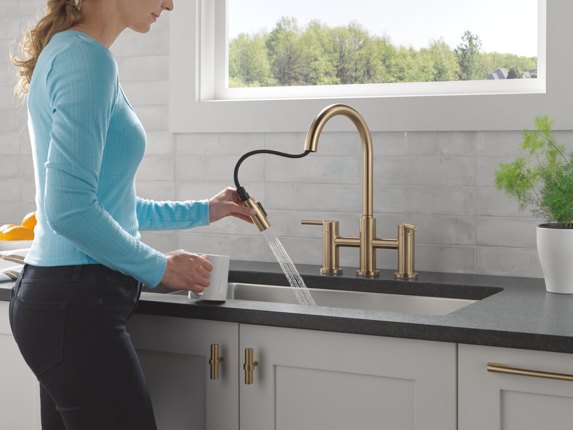 Delta Nicoli® Two Handle Pull-Down Bridge Kitchen Faucet