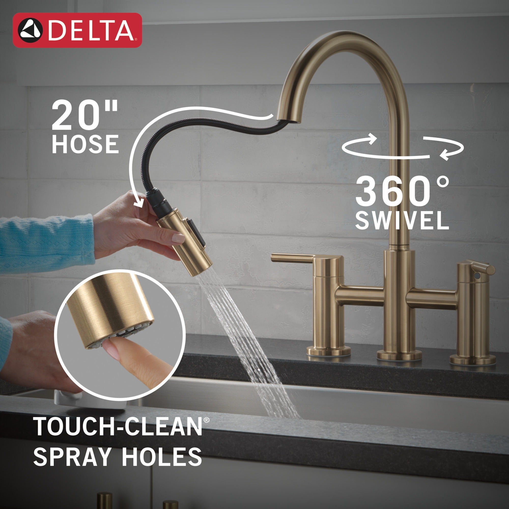 Delta Nicoli® Two Handle Pull-Down Bridge Kitchen Faucet