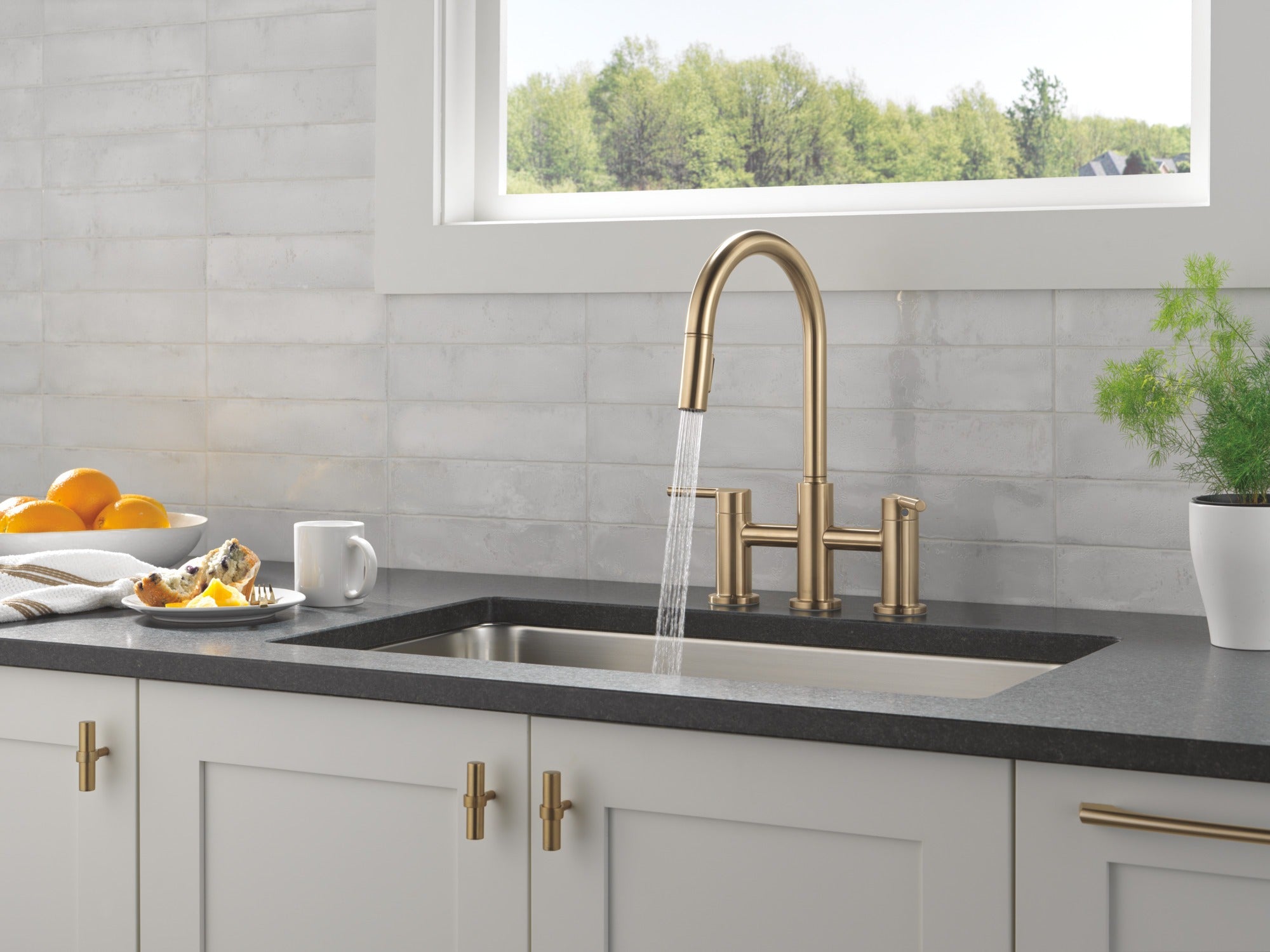Delta Nicoli® Two Handle Pull-Down Bridge Kitchen Faucet