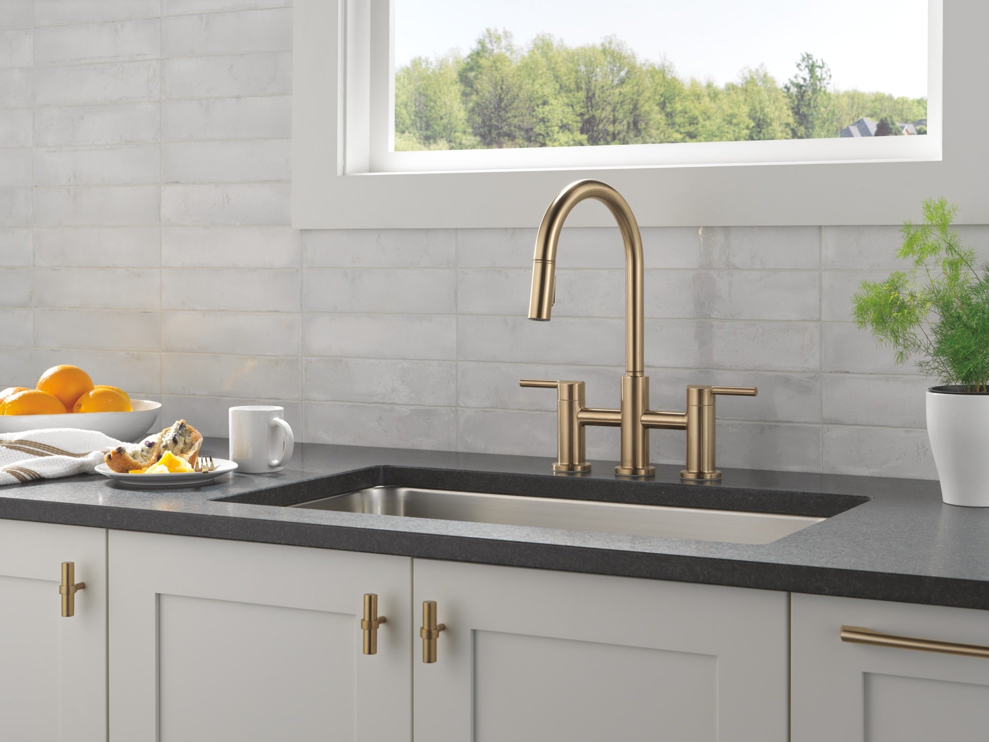 Delta Nicoli® Two Handle Pull-Down Bridge Kitchen Faucet