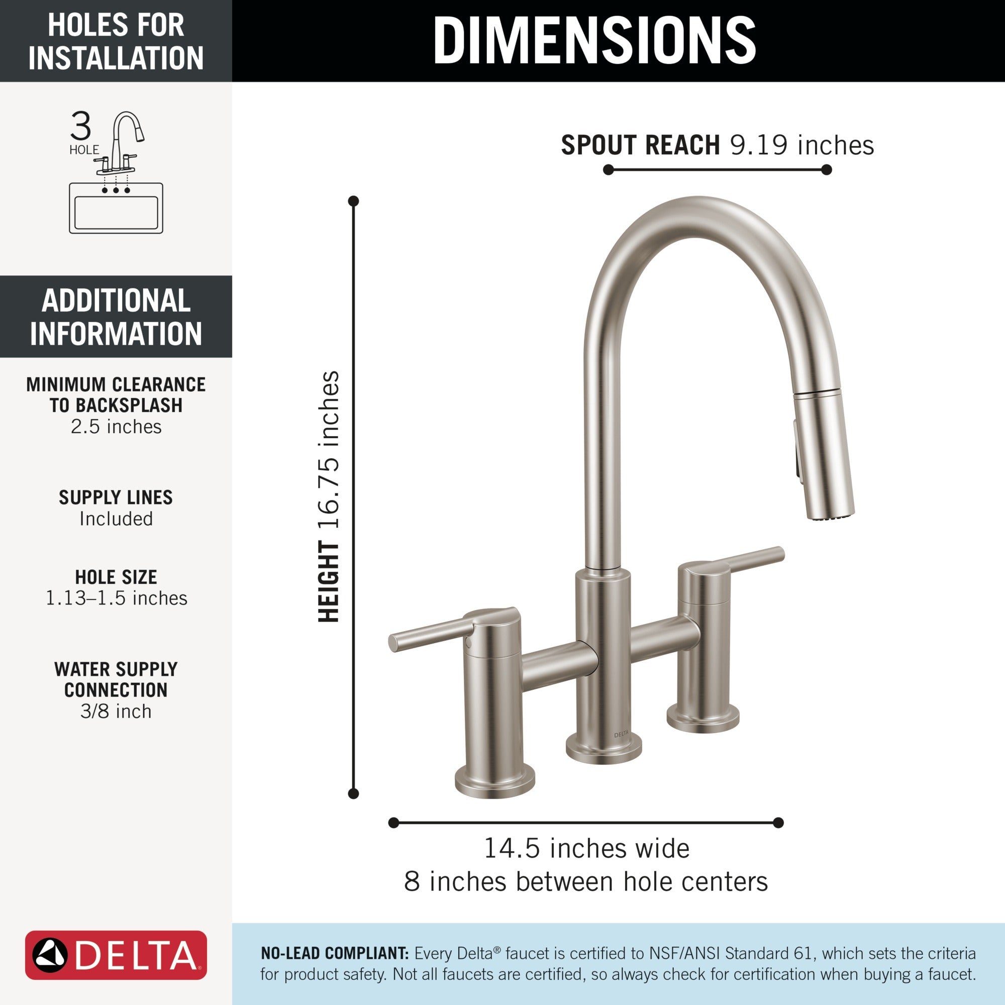Delta Nicoli® Two Handle Pull-Down Bridge Kitchen Faucet