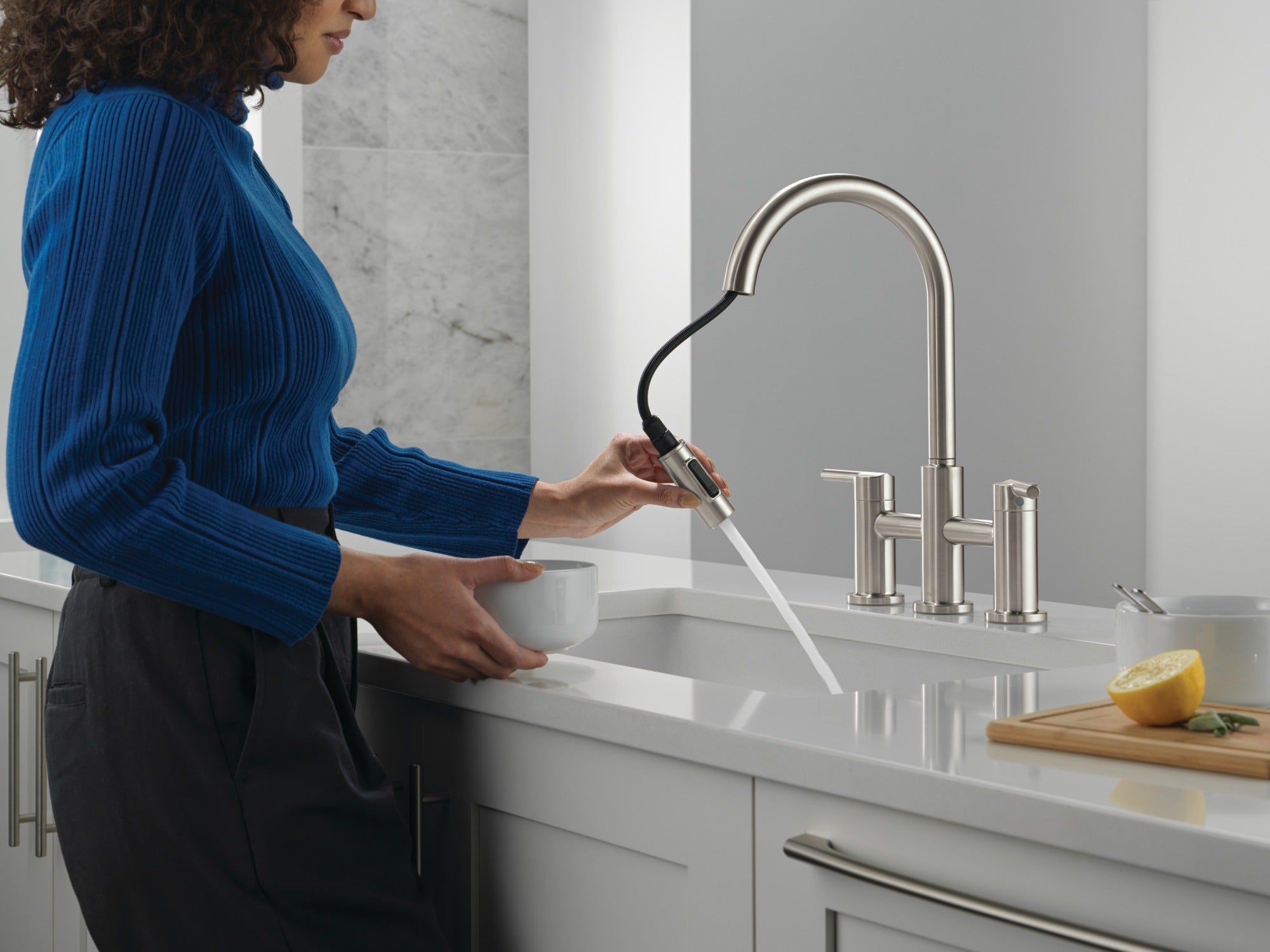 Delta Nicoli® Two Handle Pull-Down Bridge Kitchen Faucet