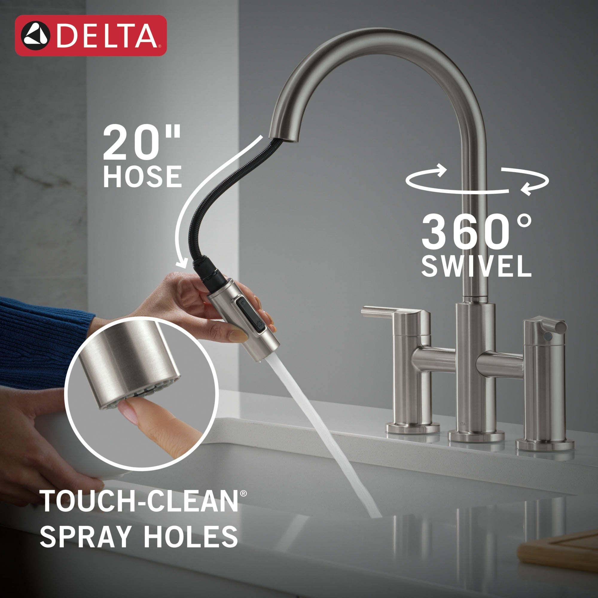 Delta Nicoli® Two Handle Pull-Down Bridge Kitchen Faucet