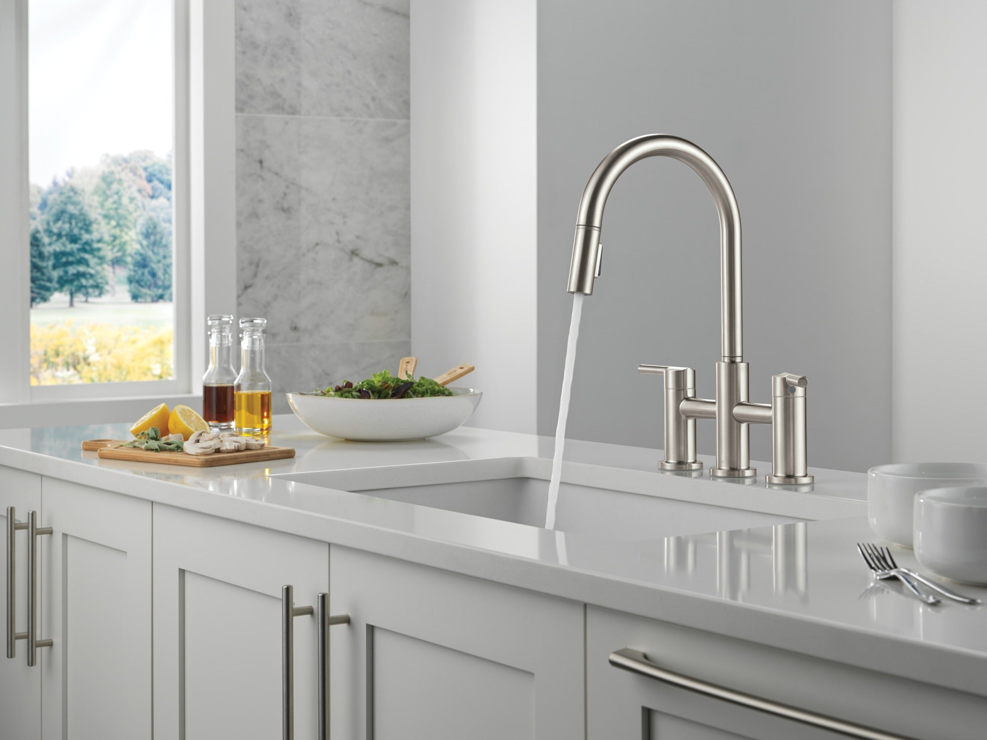 Delta Nicoli® Two Handle Pull-Down Bridge Kitchen Faucet