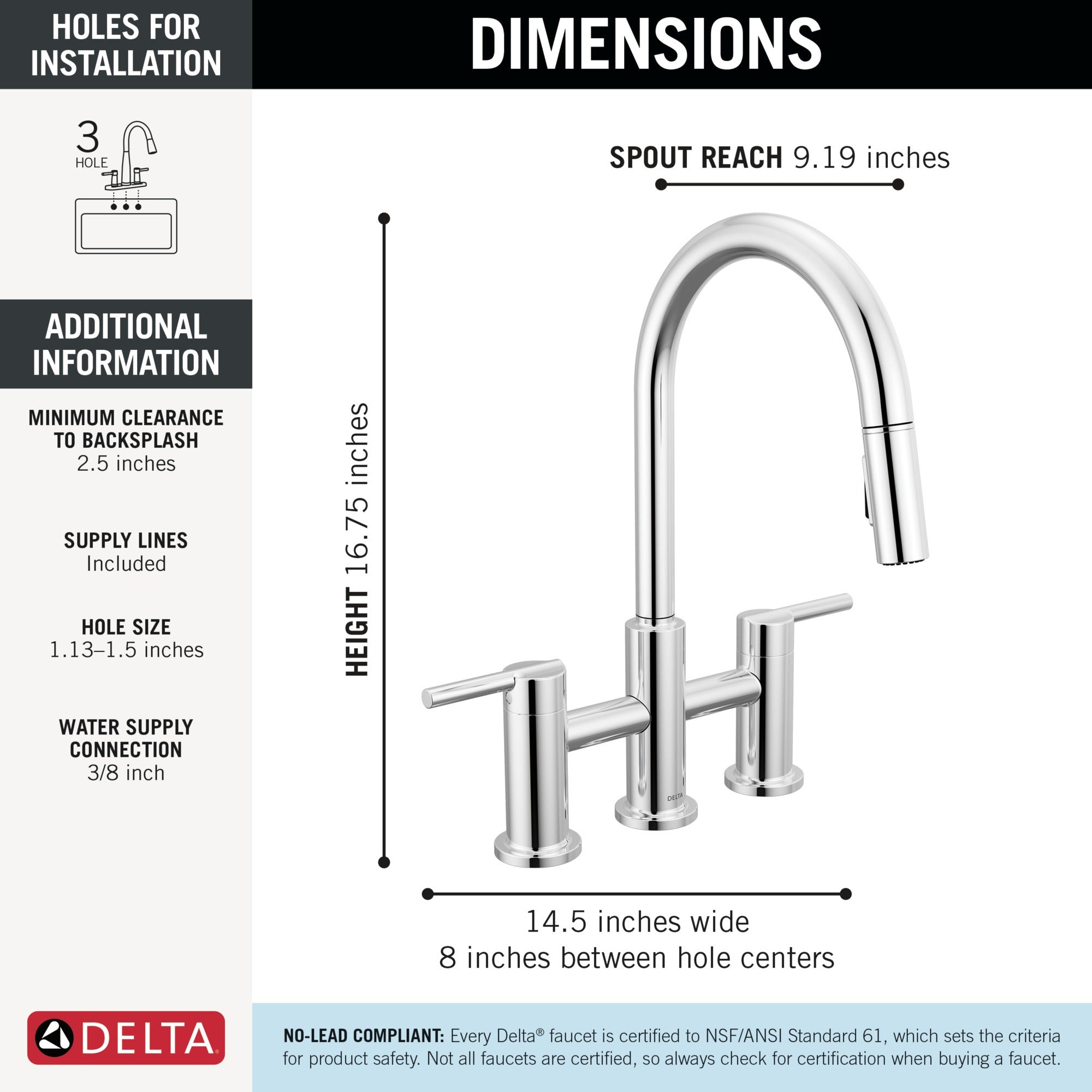 Delta Nicoli® Two Handle Pull-Down Bridge Kitchen Faucet
