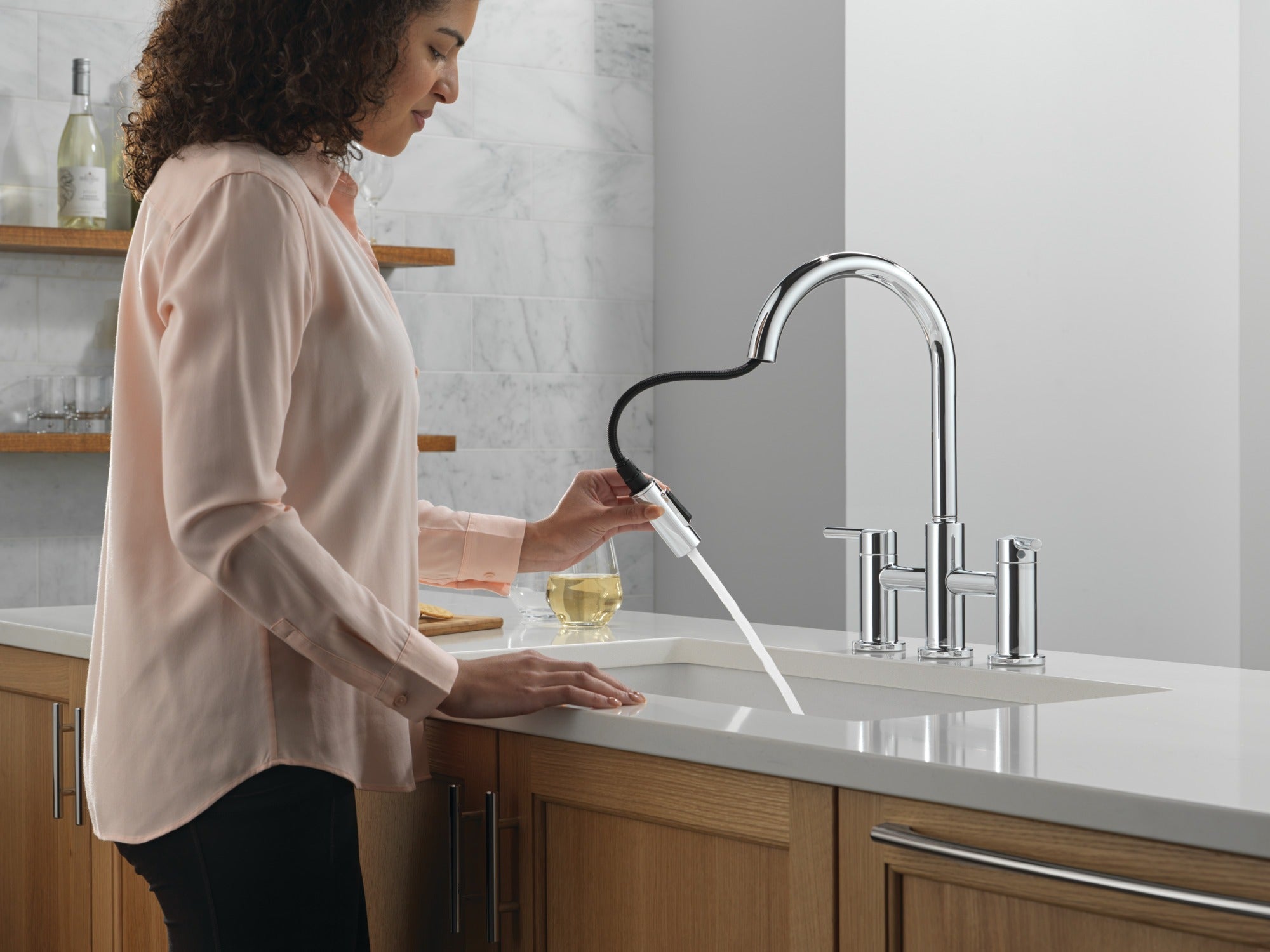 Delta Nicoli® Two Handle Pull-Down Bridge Kitchen Faucet