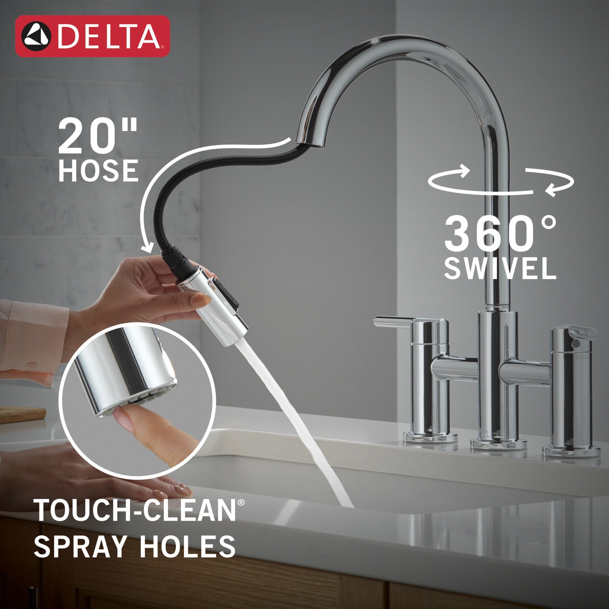 Delta Nicoli® Two Handle Pull-Down Bridge Kitchen Faucet
