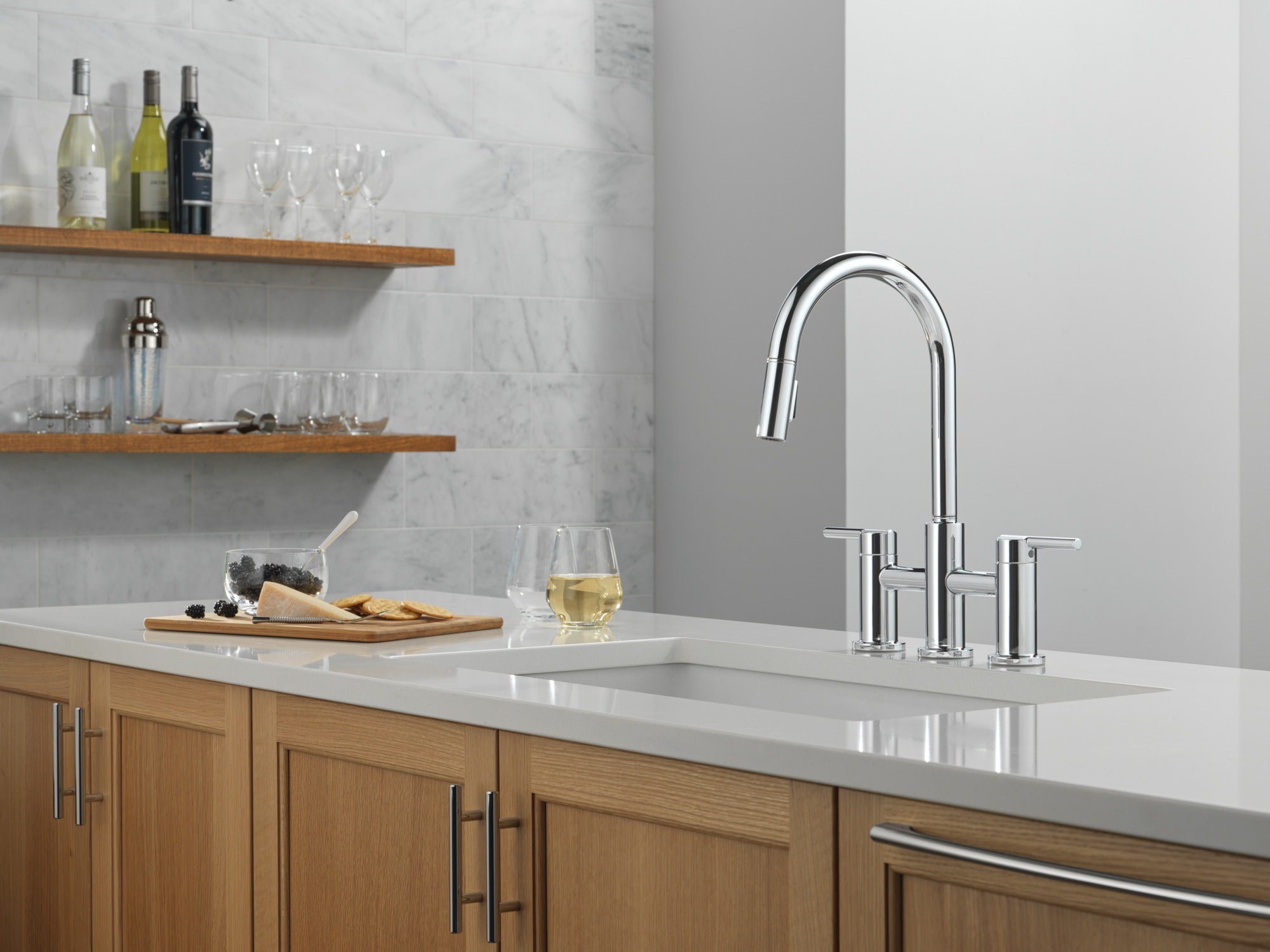 Delta Nicoli® Two Handle Pull-Down Bridge Kitchen Faucet