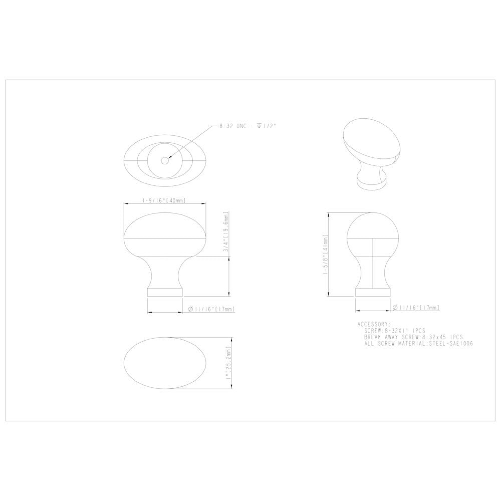 Hardware Resources 1-9/16" Overall Length Satin Nickel Football Lyon Cabinet Knob