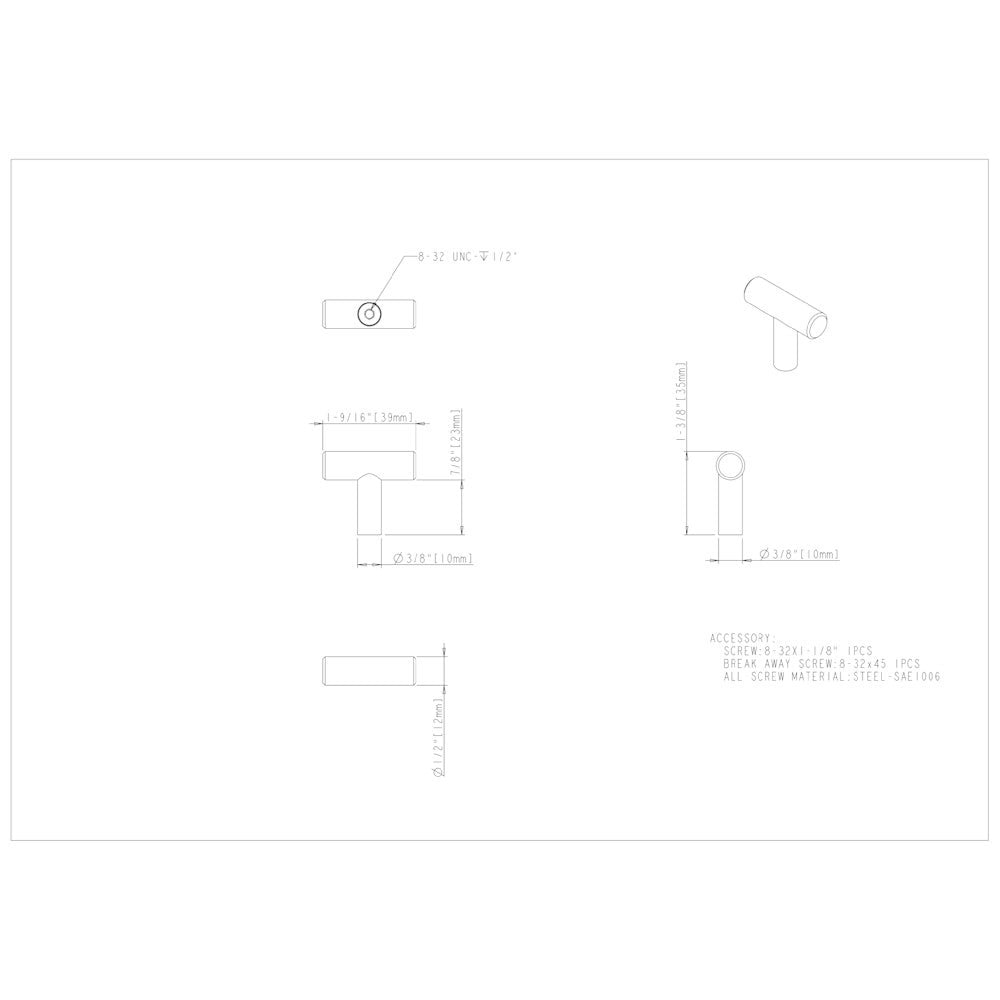 Hardware Resources 1-9/16" Overall Length Hollow Matte Black Stainless Steel Naples Cabinet "T" Knob