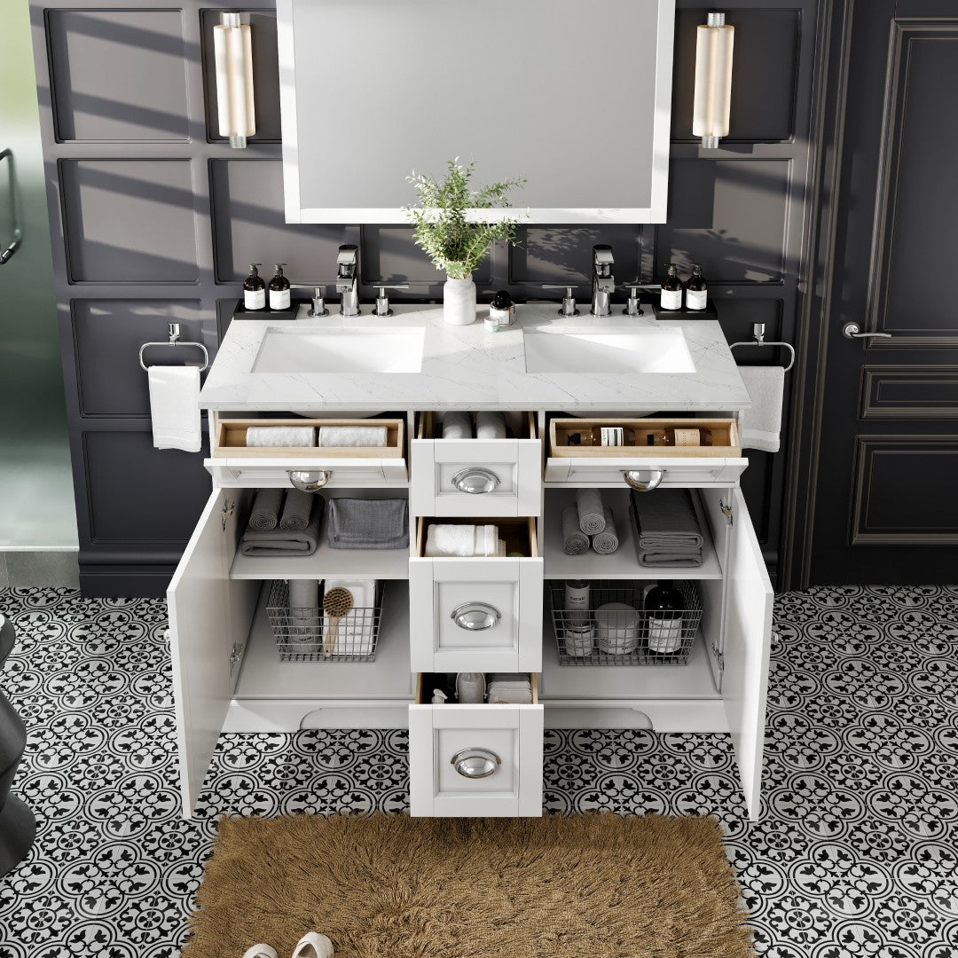 Eviva Epic Bath Vanity with Carrara Quartz Top and Undermount Porcelain Sinks (48"-100")