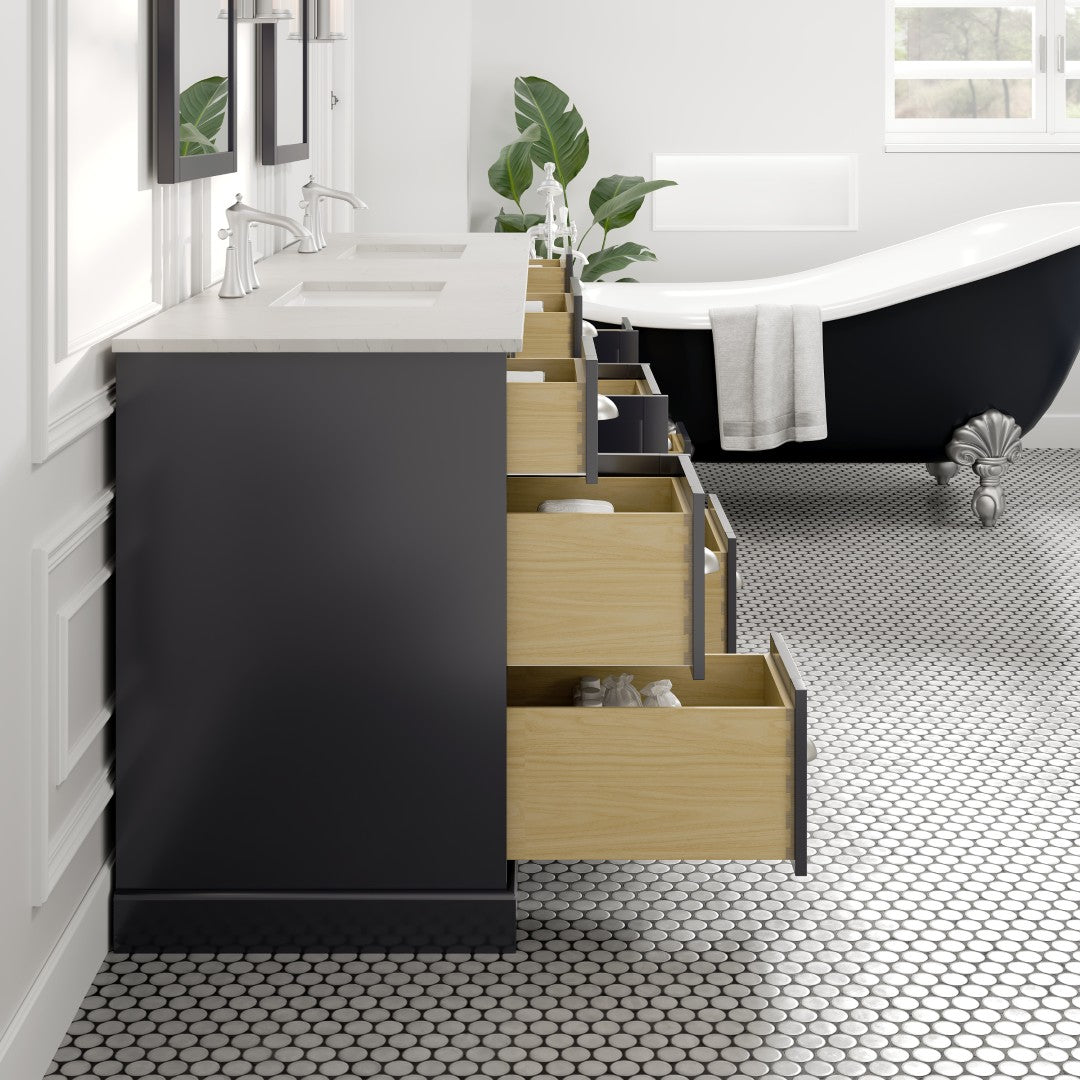 Eviva Epic Bath Vanity with Carrara Quartz Top and Undermount Porcelain Sinks (48"-100")
