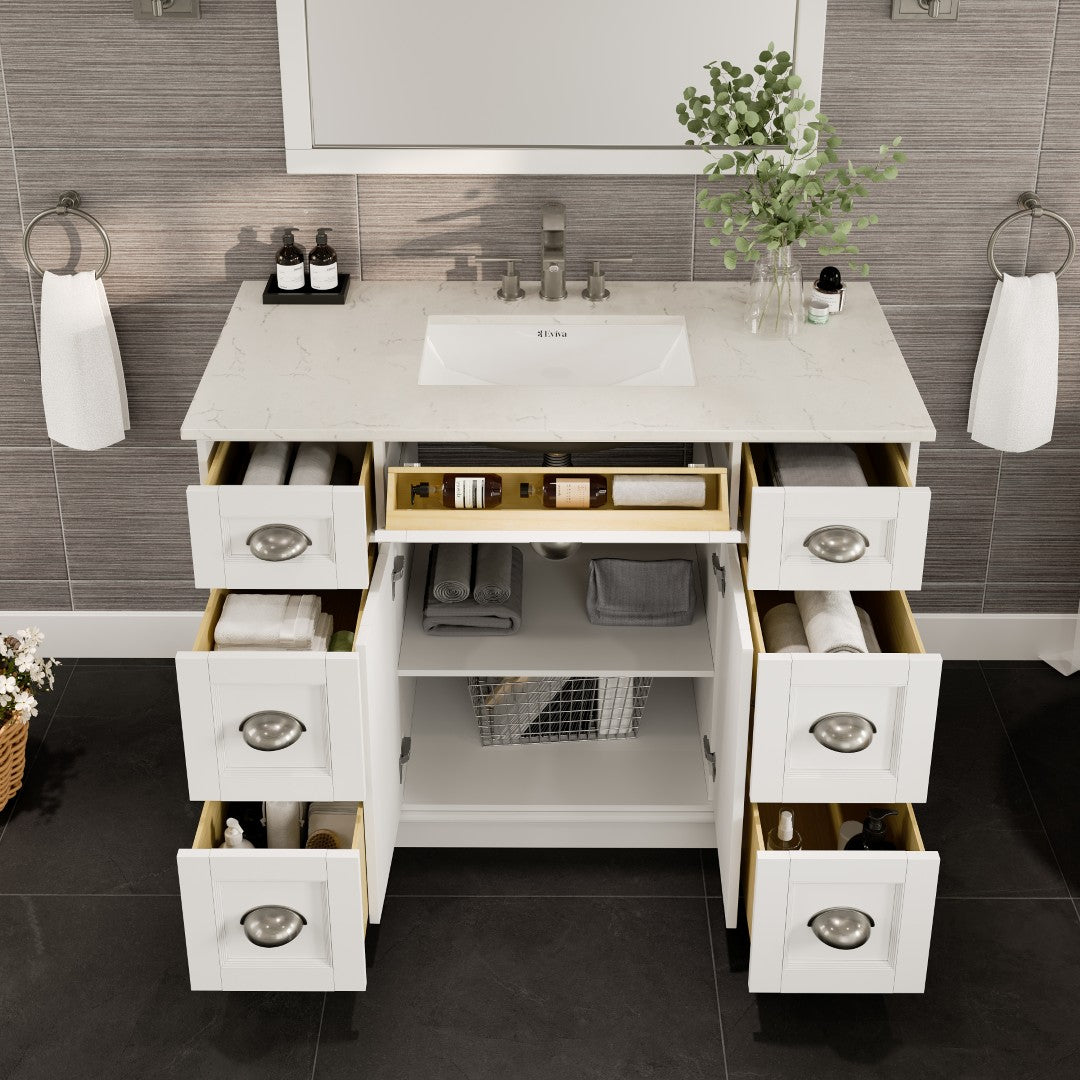 Eviva Epic Bath Vanity with Carrara Quartz Top and Undermount Porcelain Sinks (48"-100")