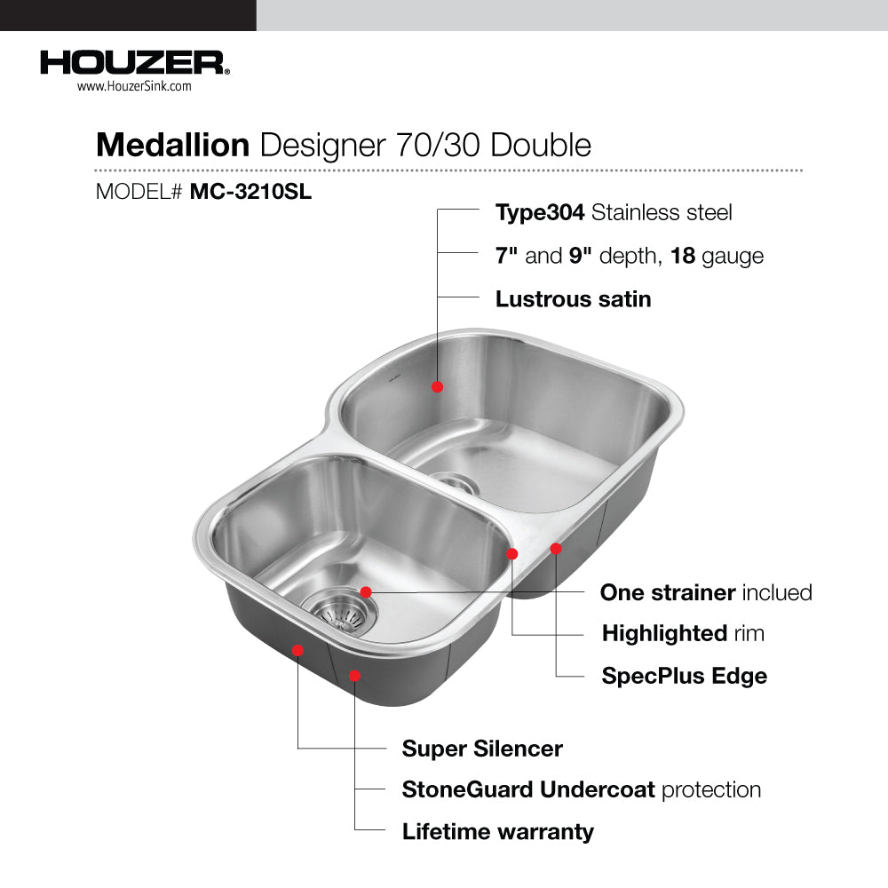 Houzer Medallion 32" Stainless Steel Undermount 30/70 Double Small Left Bowl Kitchen Sink with Strainer