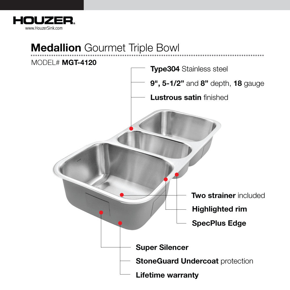 Houzer Medallion 40 inch Stainless Steel Undermount Triple Bowl Kitchen Sinks - MGT-4120