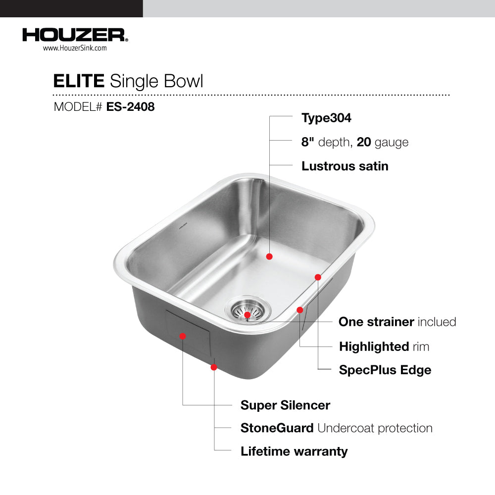 Houzer Elite 24" Stainless Steel Undermount Single Bowl Kitchen Sink with Strainer