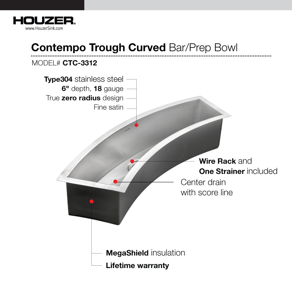 Houzer Contempo Trough 33" Stainless Steel Undermount Single Curved Bowl Bar Sink with Strainer & Grid