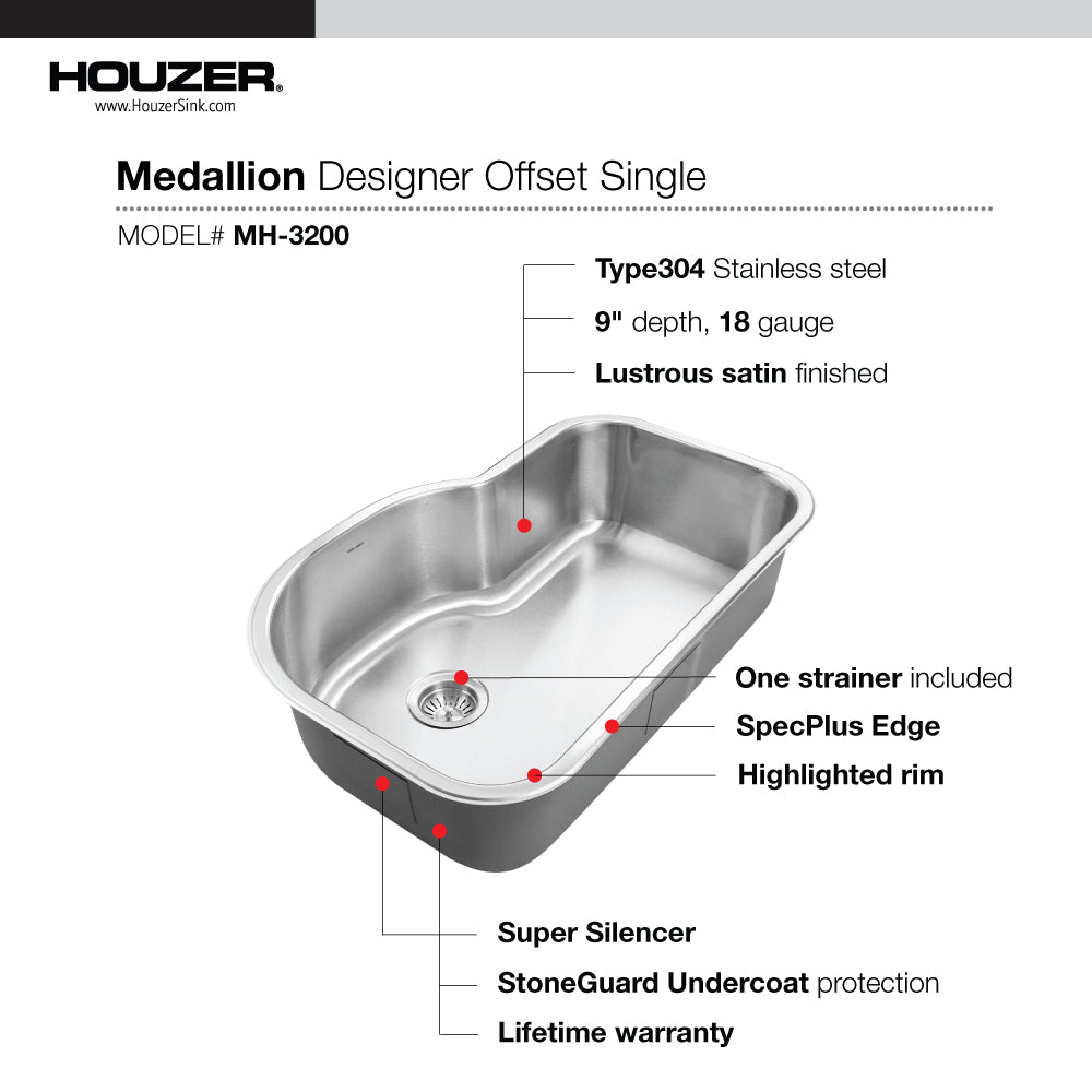 Houzer Medallion Designer 32" Stainless Steel Undermount Offset Single Bowl Kitchen Sink with Strainer