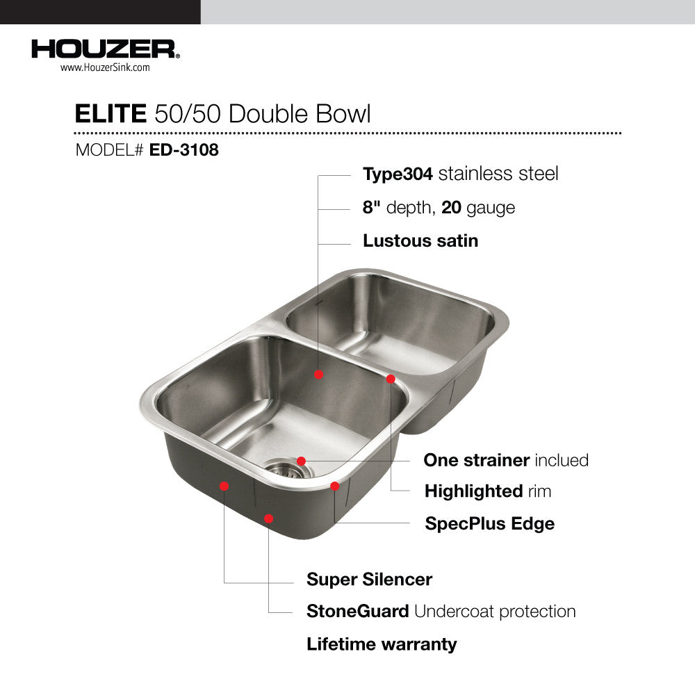 Houzer Elite 31 inch Stainless Steel Undermount 50/50 Double Bowl Kitchen Sink - ED-3108