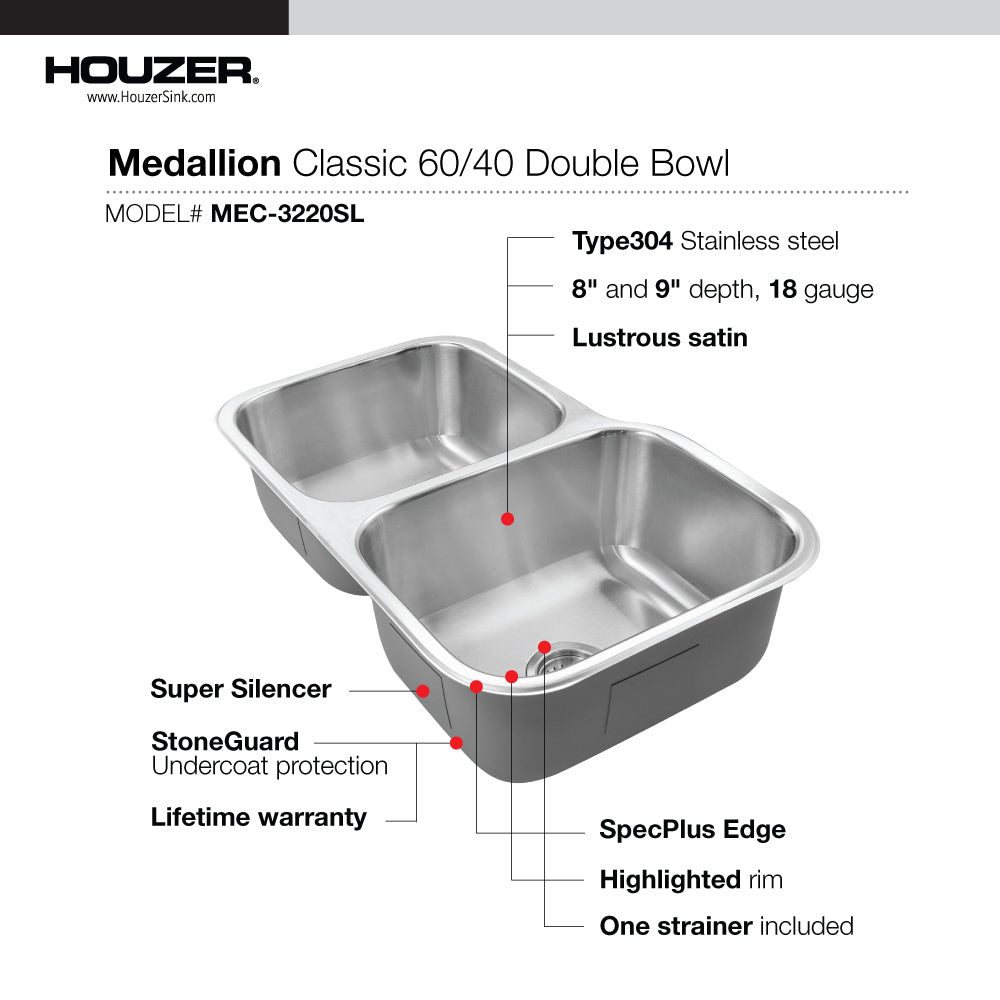 Houzer Medallion 32" Stainless Steel Undermount 40/60 Double Bowl Kitchen Sink with Small Left Bowl with Strainer