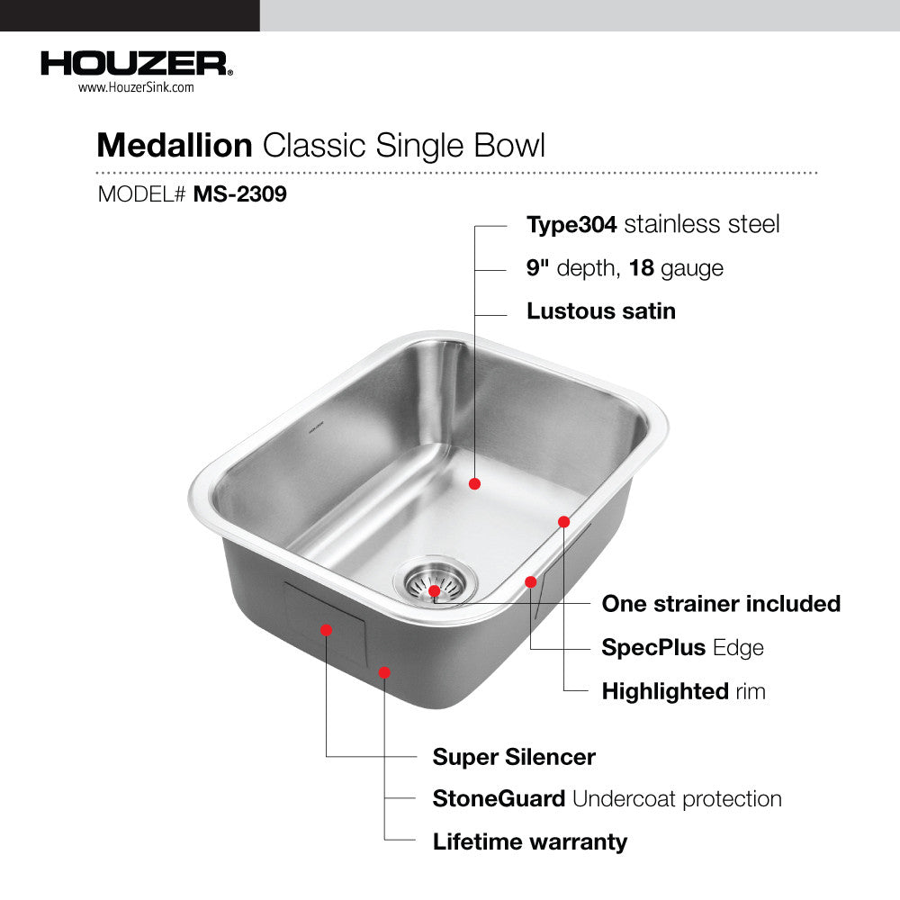 Houzer Medallion  23 inch Stainless Steel Undermount 9 inch Deep Single Bowl Kitchen Sink - MS-2309