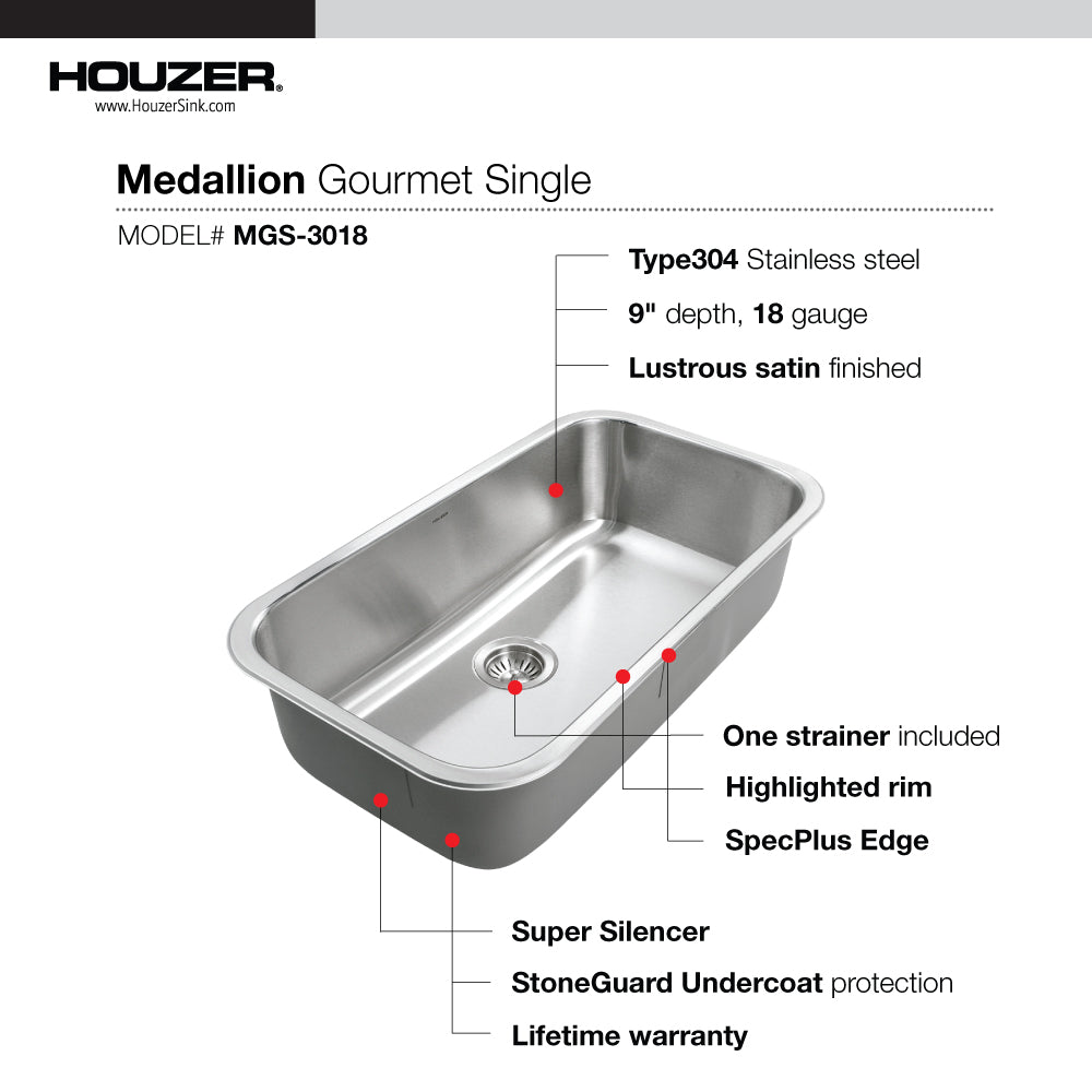 Houzer Medallion 32 inch Stainless Steel Undermount Single Bowl Kitchen Sink with Strainer