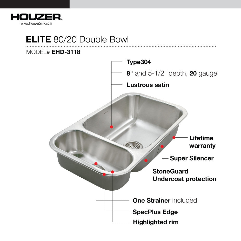 Houzer Elite 31 inch Stainless Steel Undermount 80/20 Small Left Double Bowl Kitchen Sink - EHD-3118