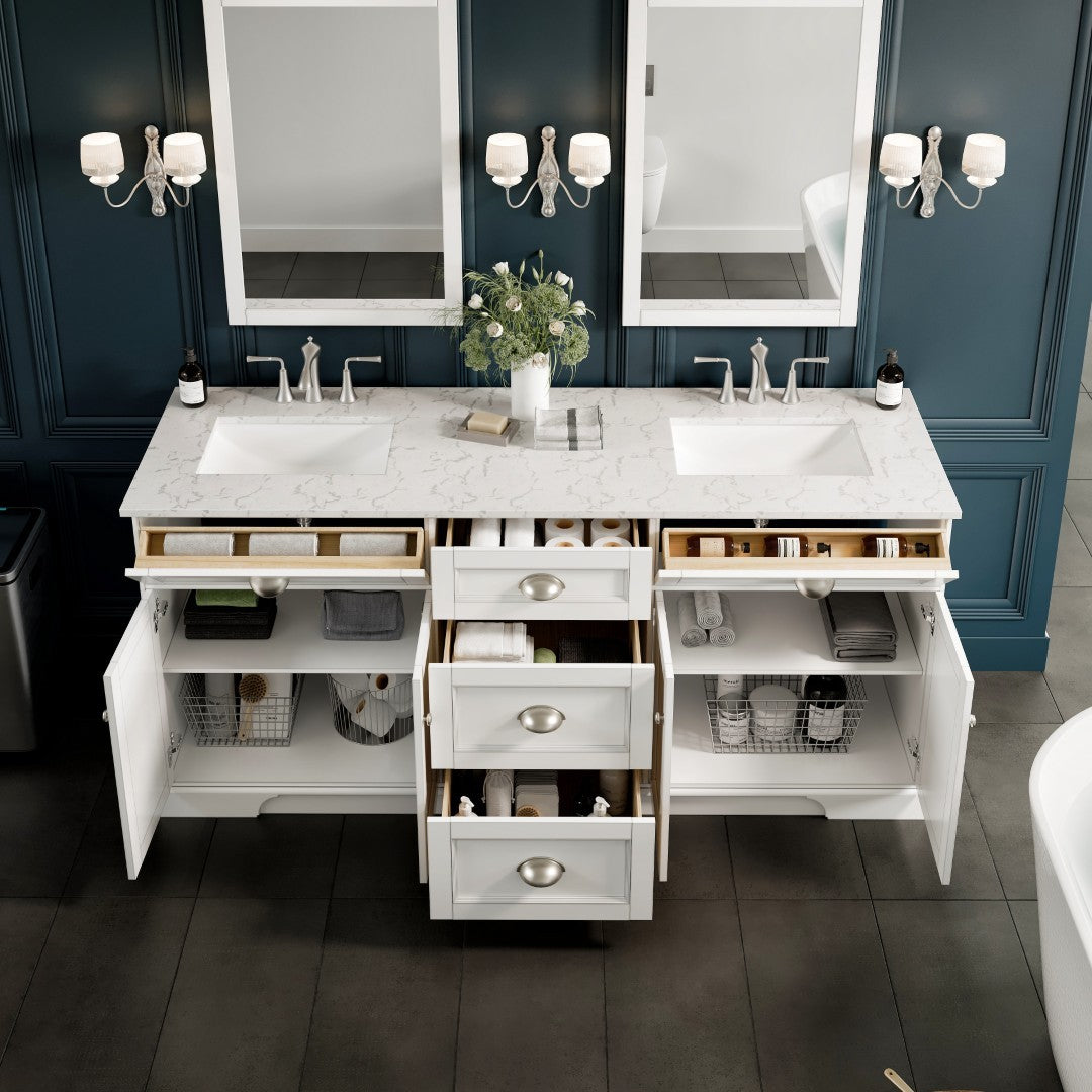 Eviva Epic Bath Vanity with Carrara Quartz Top and Undermount Porcelain Sinks (48"-100")