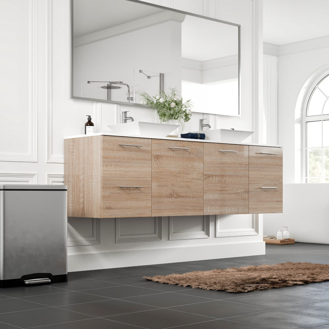 Eviva Luxy Wall Mount Bath Vanity with White Quartz Top and Vessel Porcelain Sinks