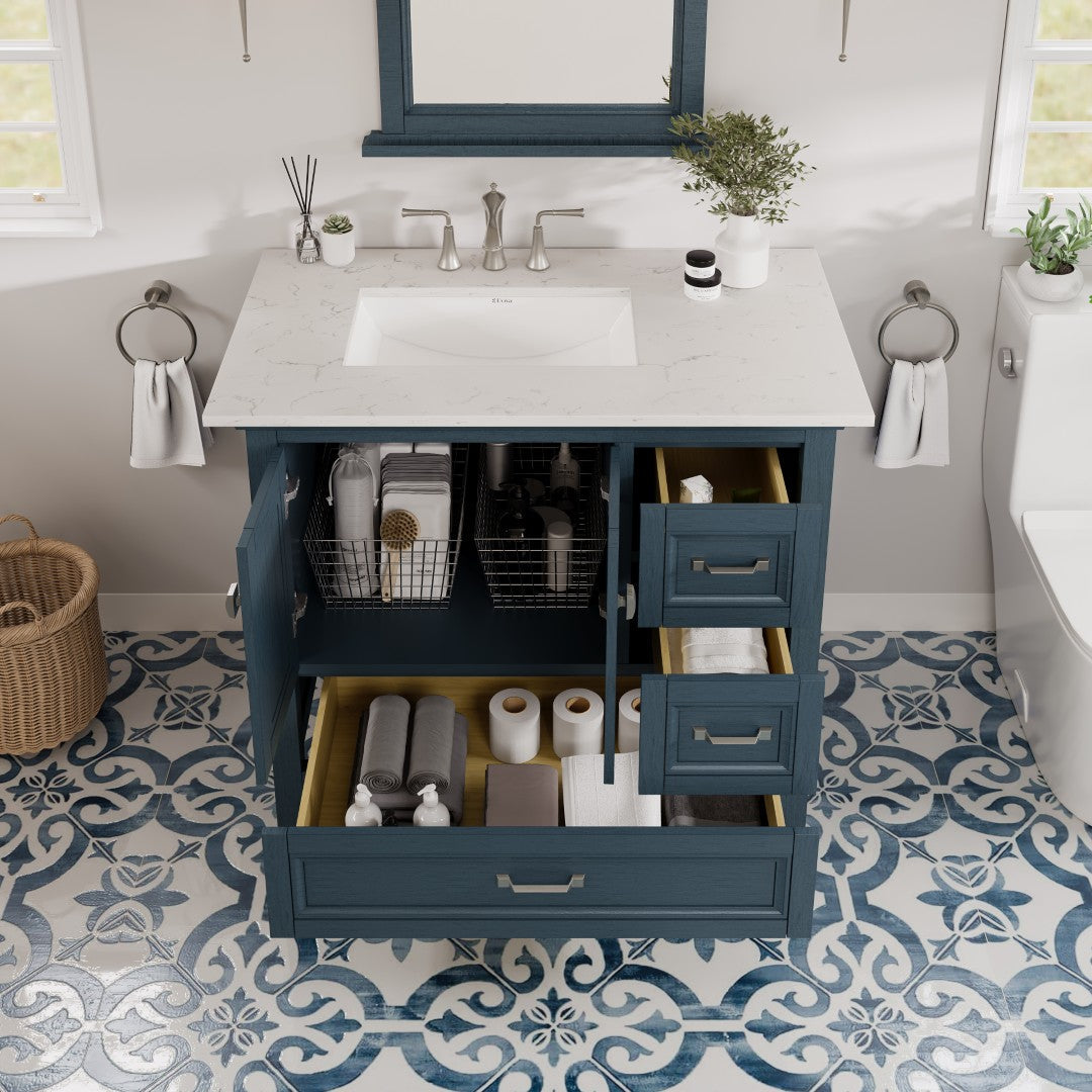 Eviva Britney Bath Vanity with Carrara Quartz Top and Undermount Porcelain Sink (24"-72")