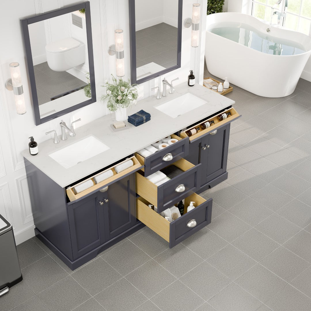 Eviva Epic Bath Vanity with Carrara Quartz Top and Undermount Porcelain Sinks (48"-100")