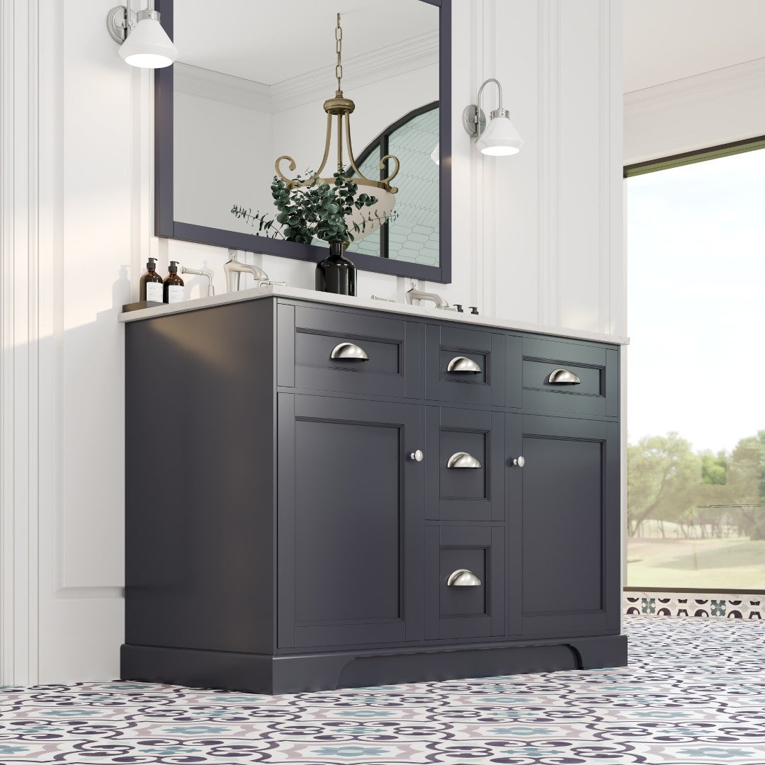 Eviva Epic Bath Vanity with Carrara Quartz Top and Undermount Porcelain Sinks (48"-100")
