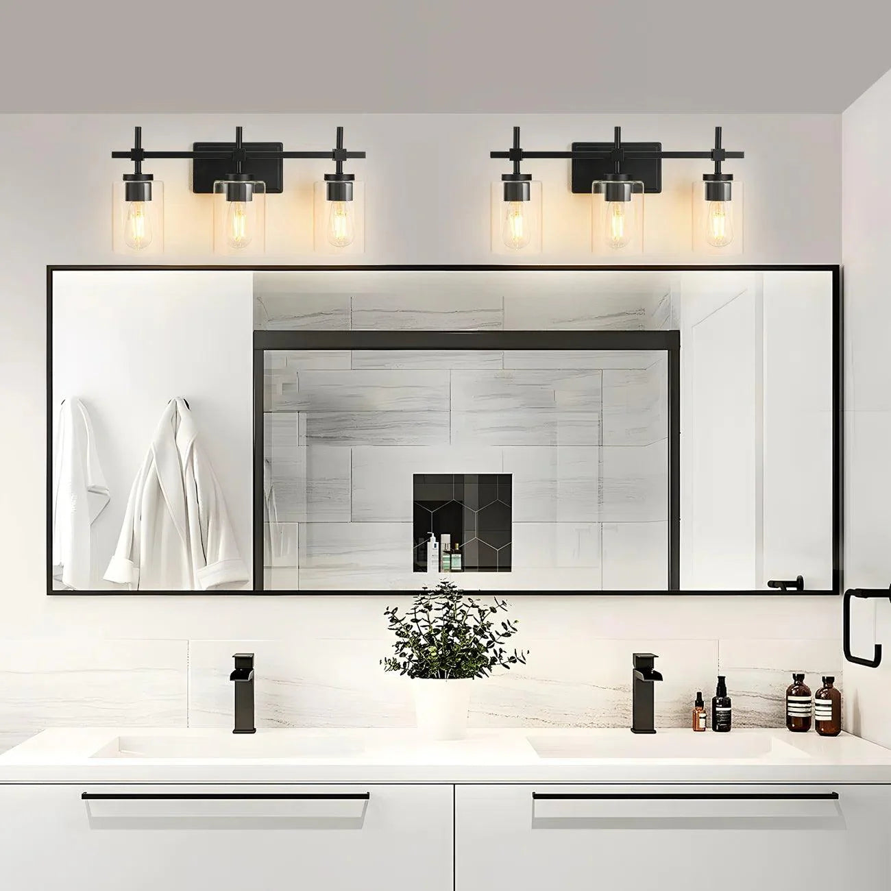 Jasper 3-Light Modern Clear Glass Bathroom Vanity Light, Black & Nickel