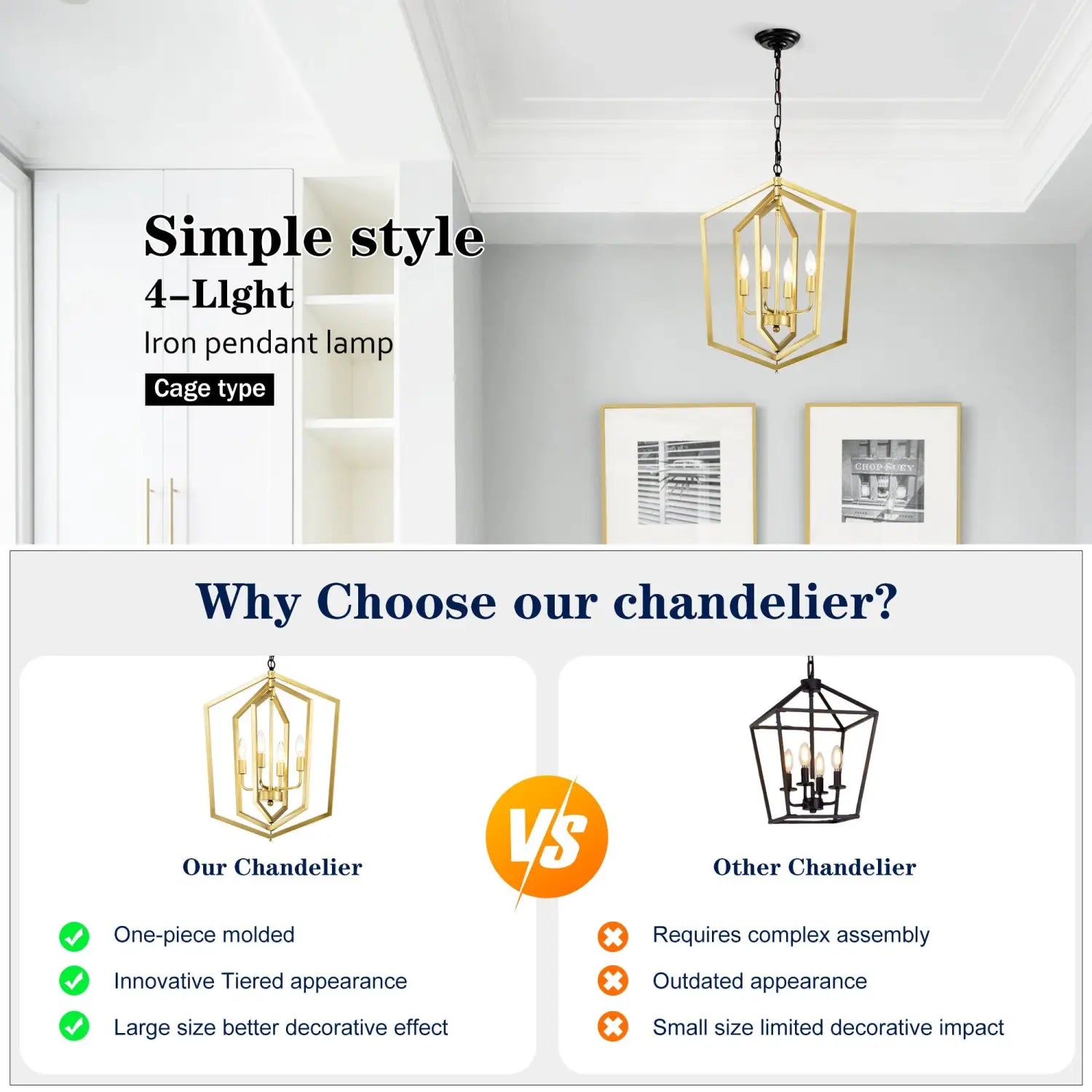 4 Light Farmhouse Chandelier Hanging Lights Pendant with Modern Design